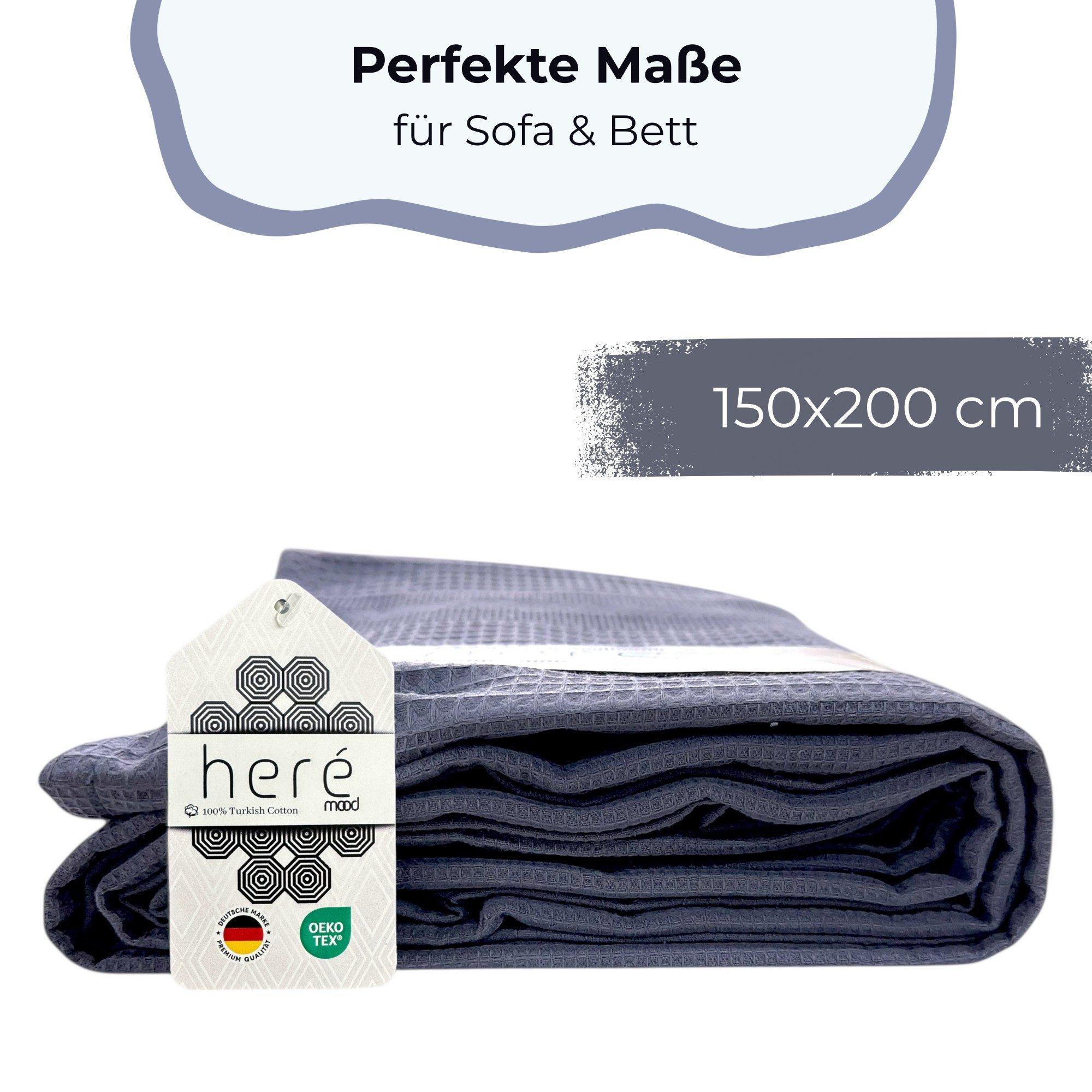 herémood Tagesdecke aus 100% Baumwolle – Elegante Waffelpique Wohndecke 180x220 cm, weiche, Kuscheldecke für Sofa & Bett, atmungsaktiv & pflegeleicht – ANTHRAZIT