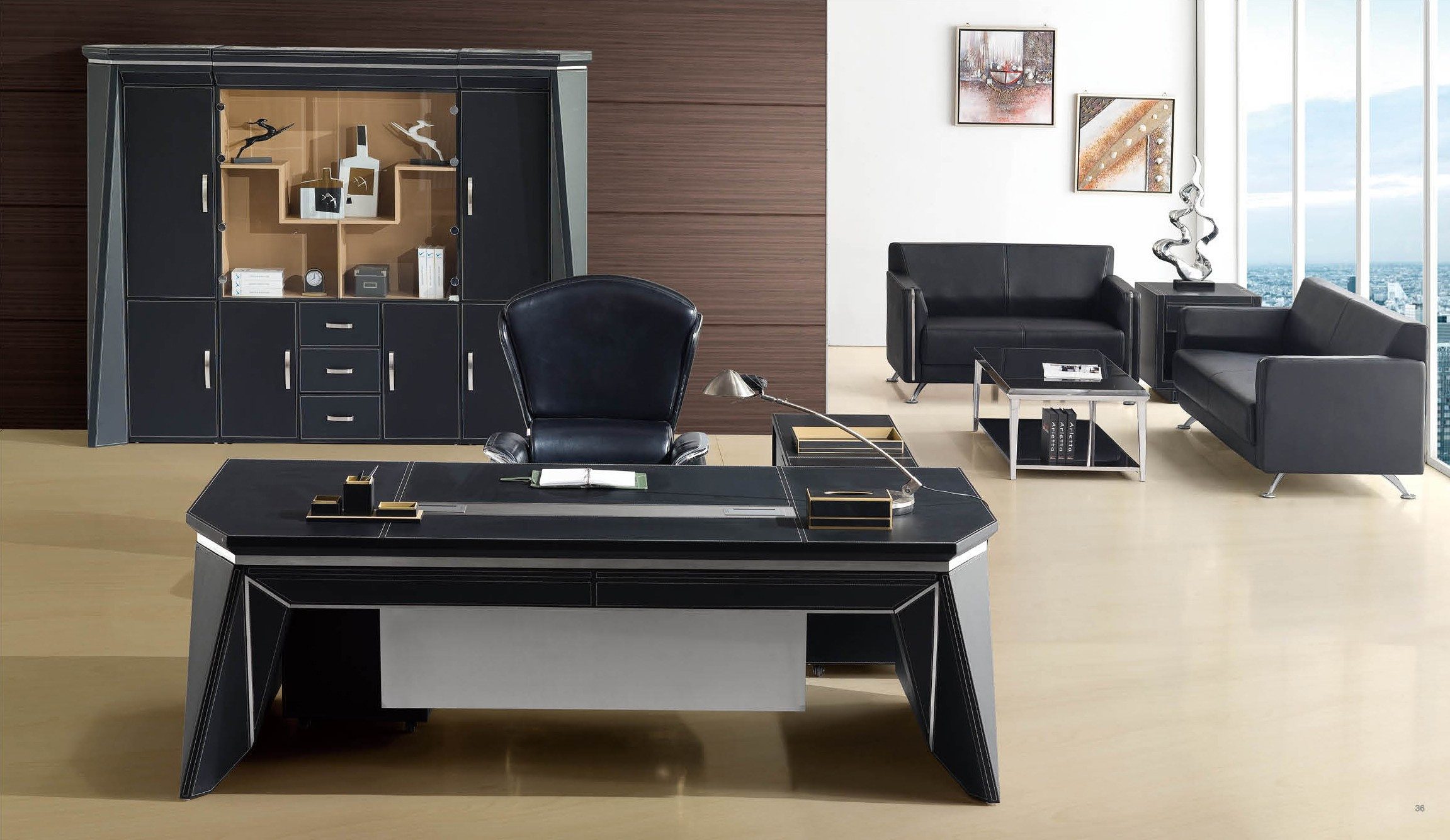 Xlmoebel Büromöbel-Set Boss Office Schreibtisch und Design-Schrank aus Leder und Holz, (Eckschreibtisch + Aktenschrank), Hergestellt in Europa