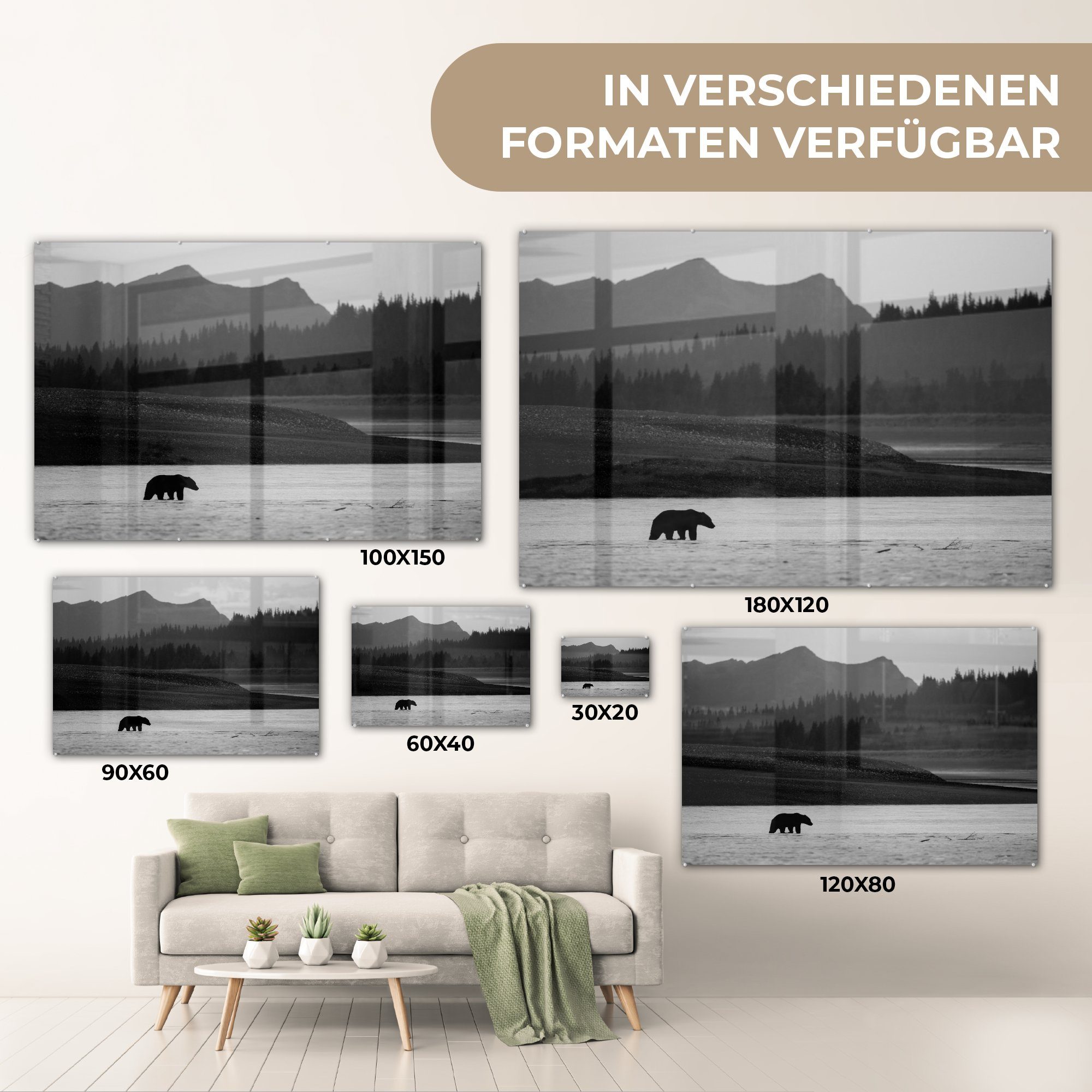 MuchoWow Acrylglasbild schwarz St), Acrylglasbilder weiß, Schlafzimmer Braunbär und (1 Wohnzimmer - &