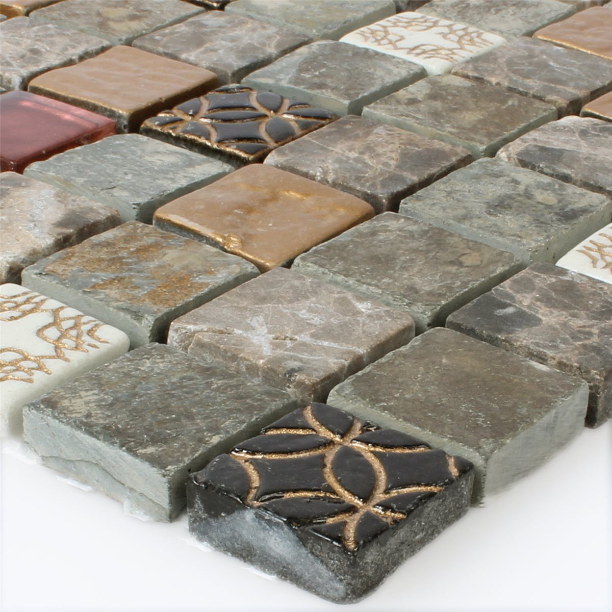 Mosafil Mosaikfliesen Mosaikfliesen Glas Naturstein Mix 23x23x8mm, Naturstein-Resin-Glas-Marmor 30.000x30.000, weiß-schwarz-gold-rot-beige-braun, Wasserfest