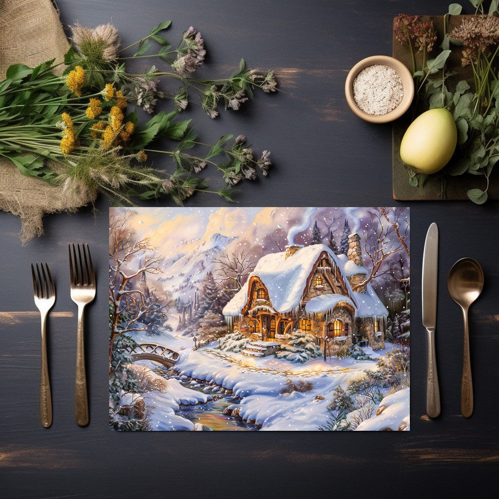 raxxa Platzset raxxa Premium-Platzset"Snowy Mountain Cottage by Stream", (Set, 2-St., Platzdecken)