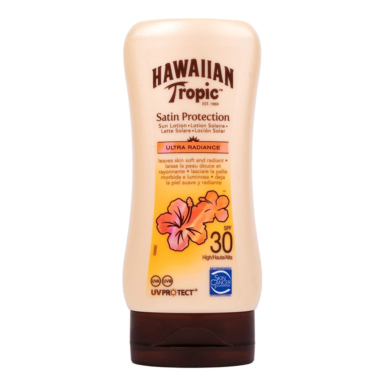 Hawaiian Tropic Sonnenschutzlotion Hawaiian Tropic Satin Protection SPF30 Sonnenschutz 180 ml, 1-tlg., Bis zu 12 Stunden Feuchtigkeit und 80 Minuten wasserfest