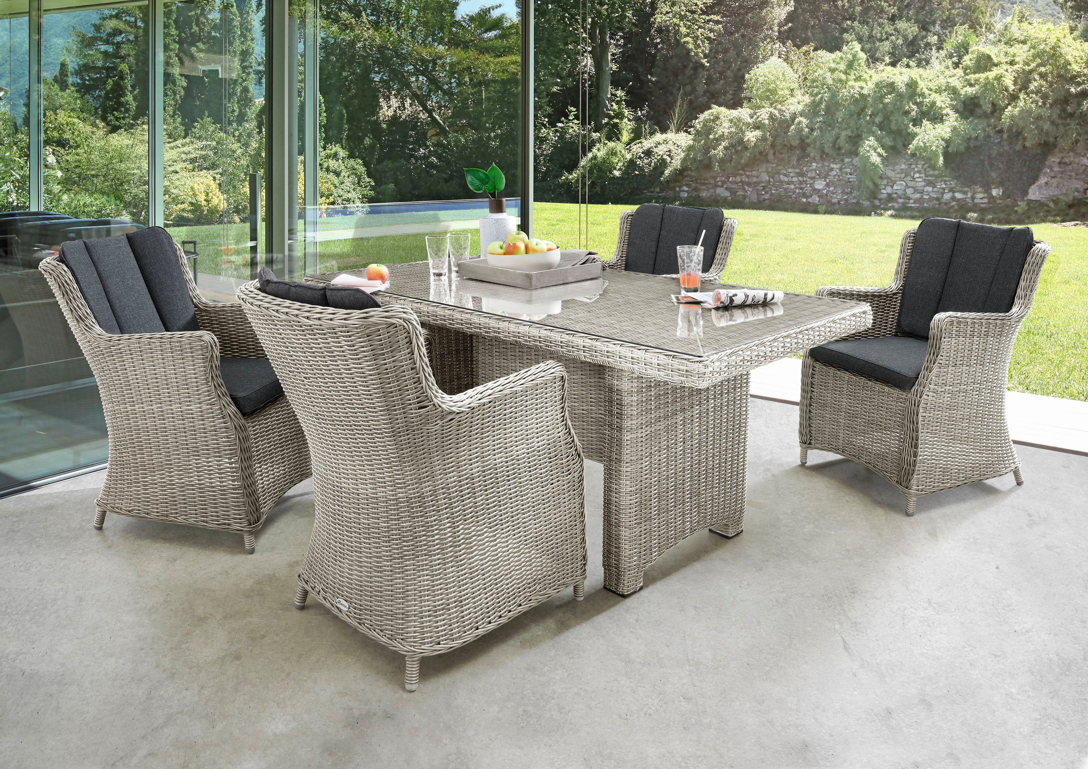 Destiny Garten-Essgruppe LUNA, (Set, 13-tlg), Polyrattan, 4 Sessel, Tisch 165x90x75 cm, inkl. Auflagen