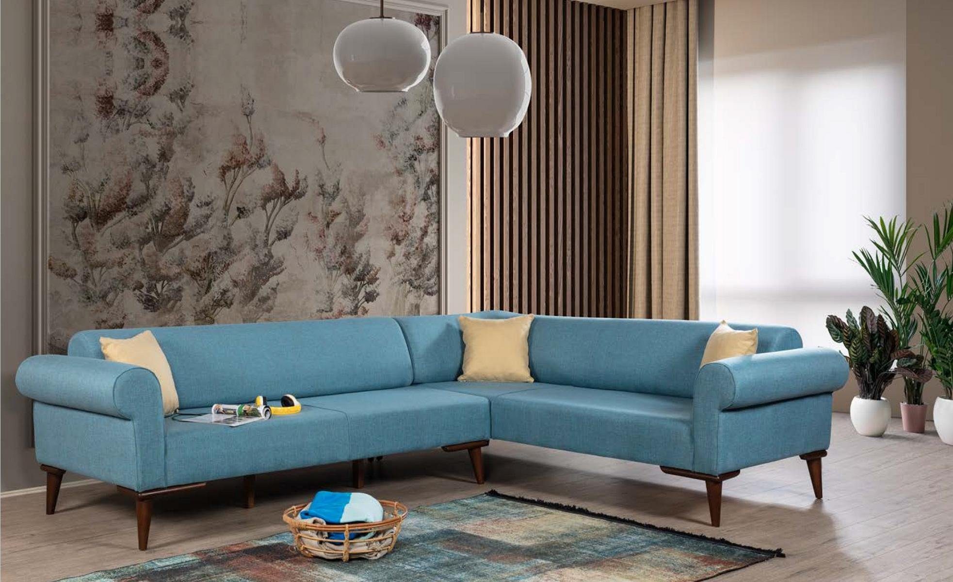 JVmoebel Ecksofa Blaues Ecksofa Holz Couch Wohnzimmer Sofa L-Form Sofa Neu, Made in Europe