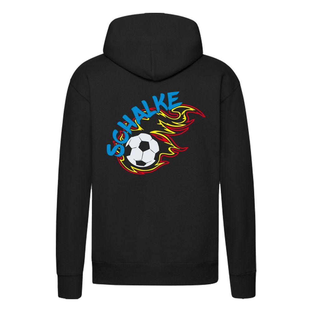 G-graphics Hoodie Schalke in flames – Feuer-Fussball – mit Front- & Backprint Unisex Pullover mit einem Motiv für den echten Fan