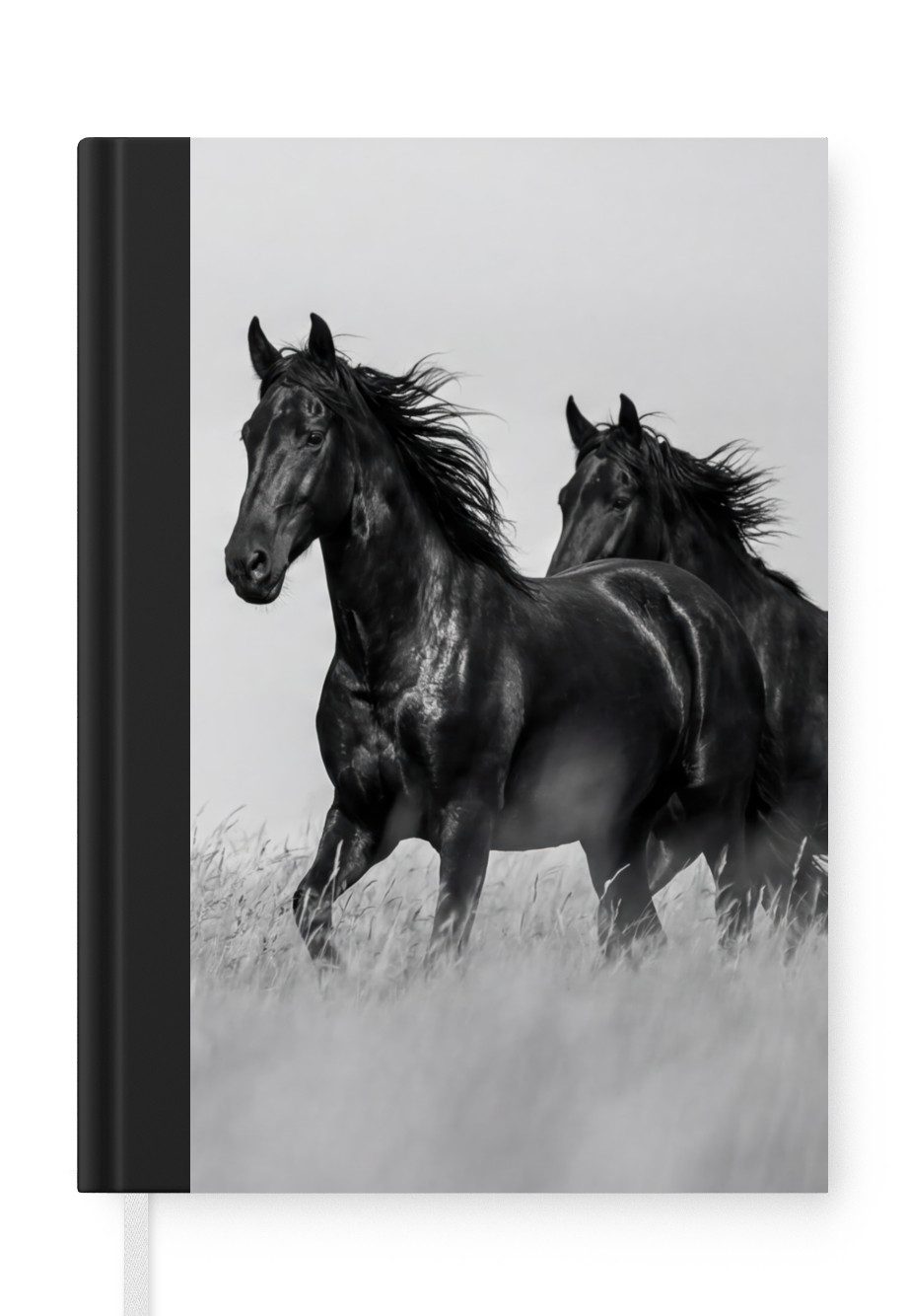 MuchoWow Notizbuch Pferde - Gras - Schwarz - Weiß, Notebook, Notizblock a5, Tagebuch, Journal Liniert