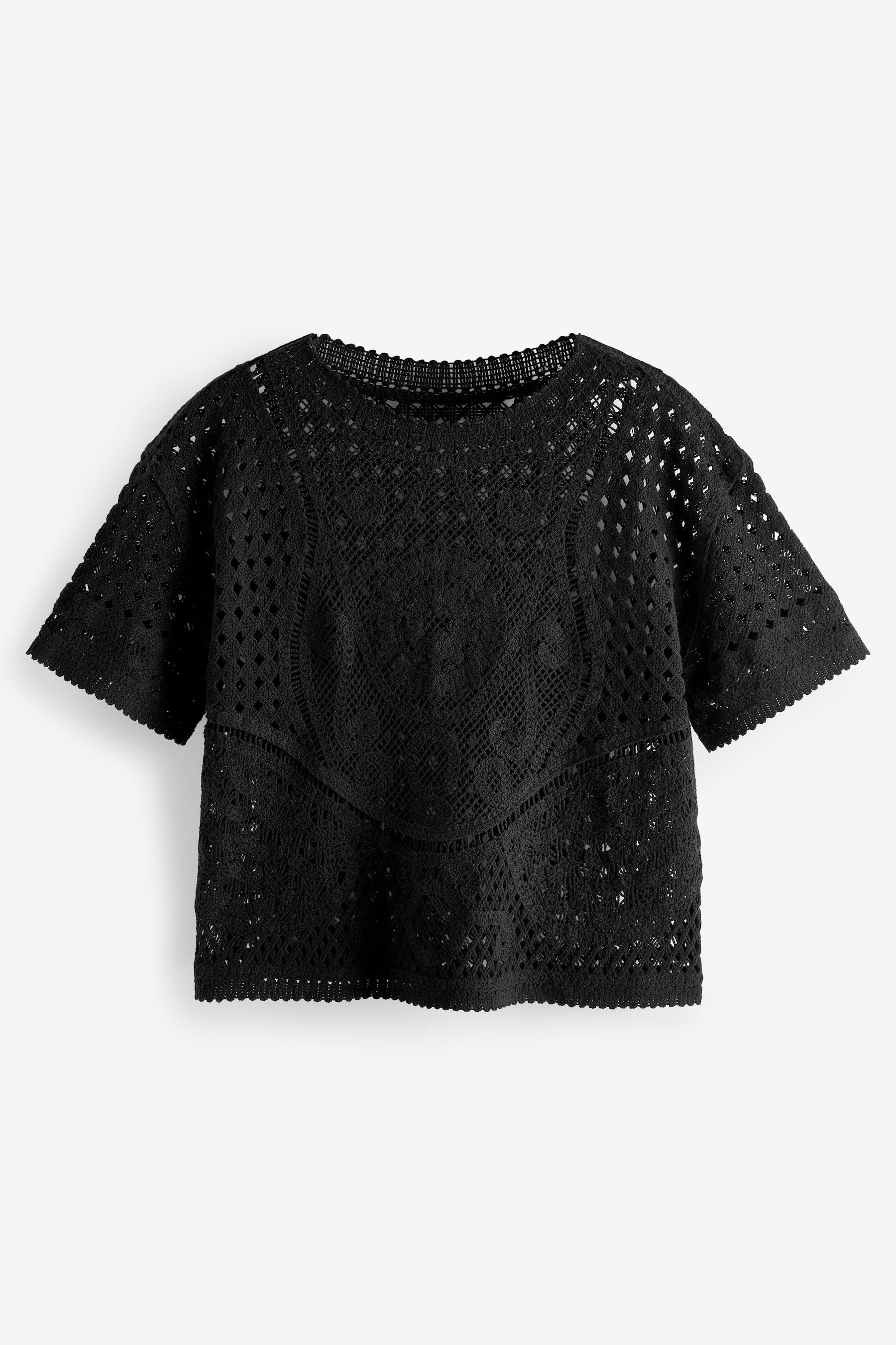 (1-tlg) T-Shirt Kurzarmpullover mit Ausschnitt gehäkeltem Next Black
