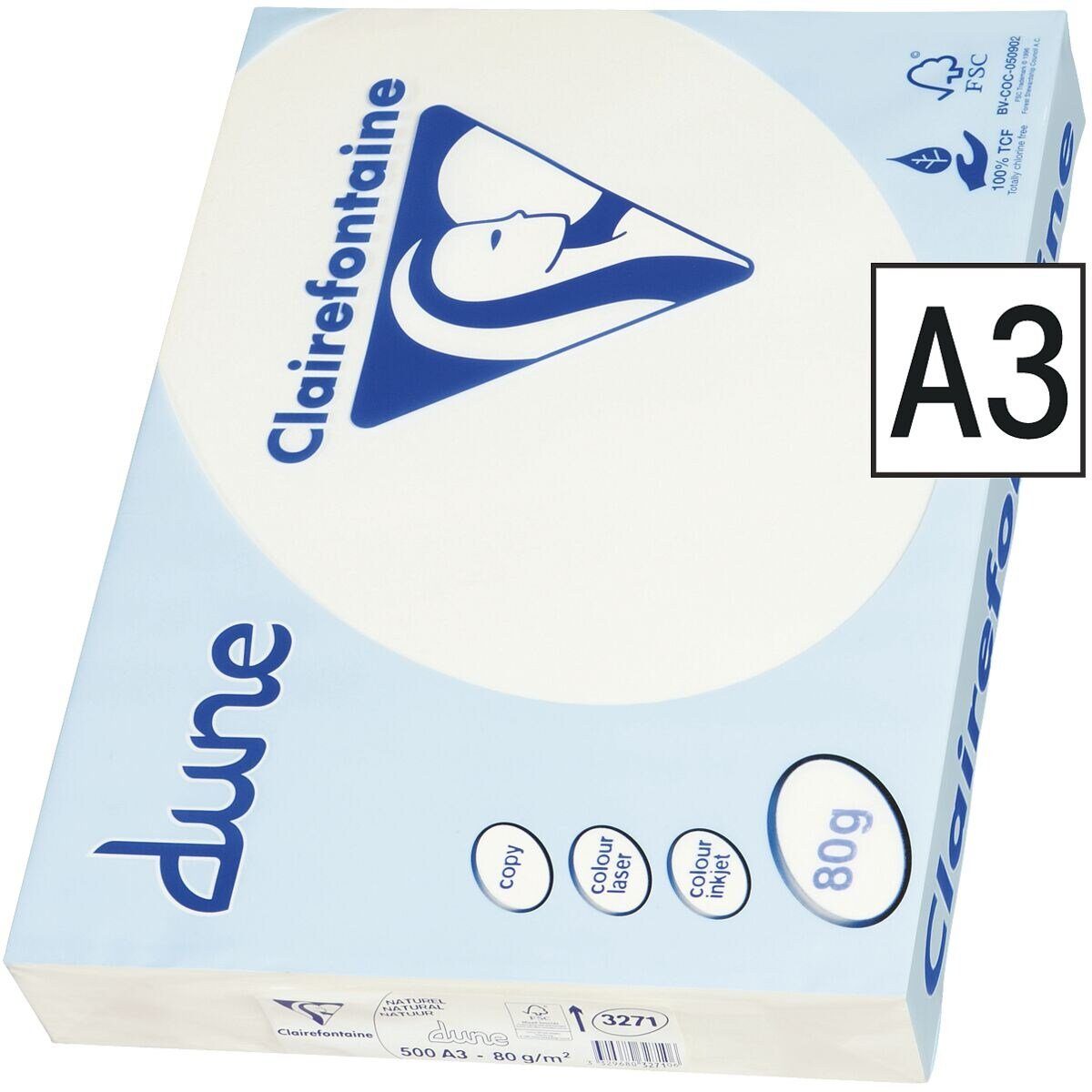 CLAIREFONTAINE Druckerpapier dune, Format DIN A3, 80 g/m², creme, 500 Blatt