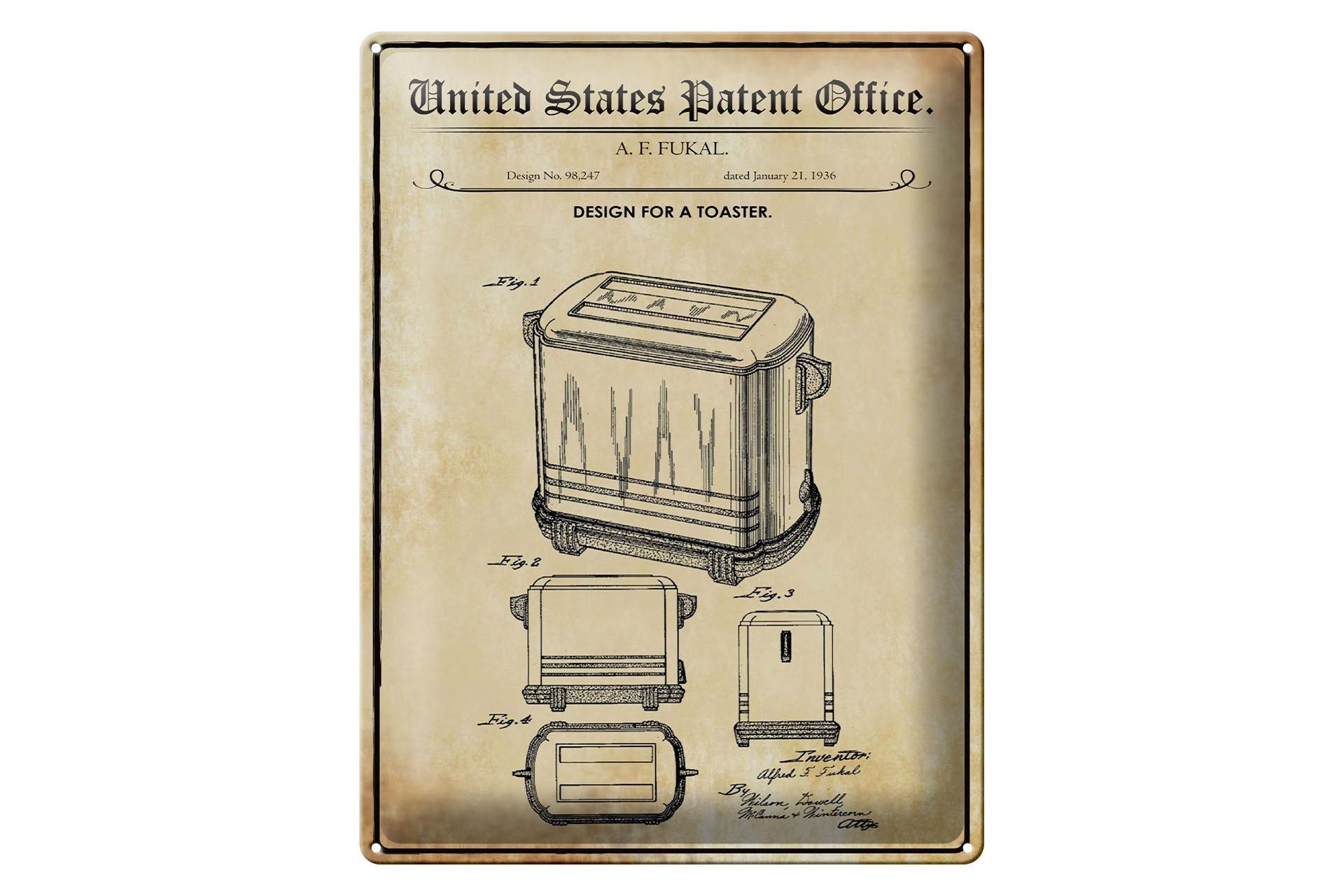 Femer GmbH Metallschild Patent 30x40 cm Entwurf für einen Toaster, (1 St), gewölbte Oberfläche, abgerundete Ecken, umgeschlagene Kanten