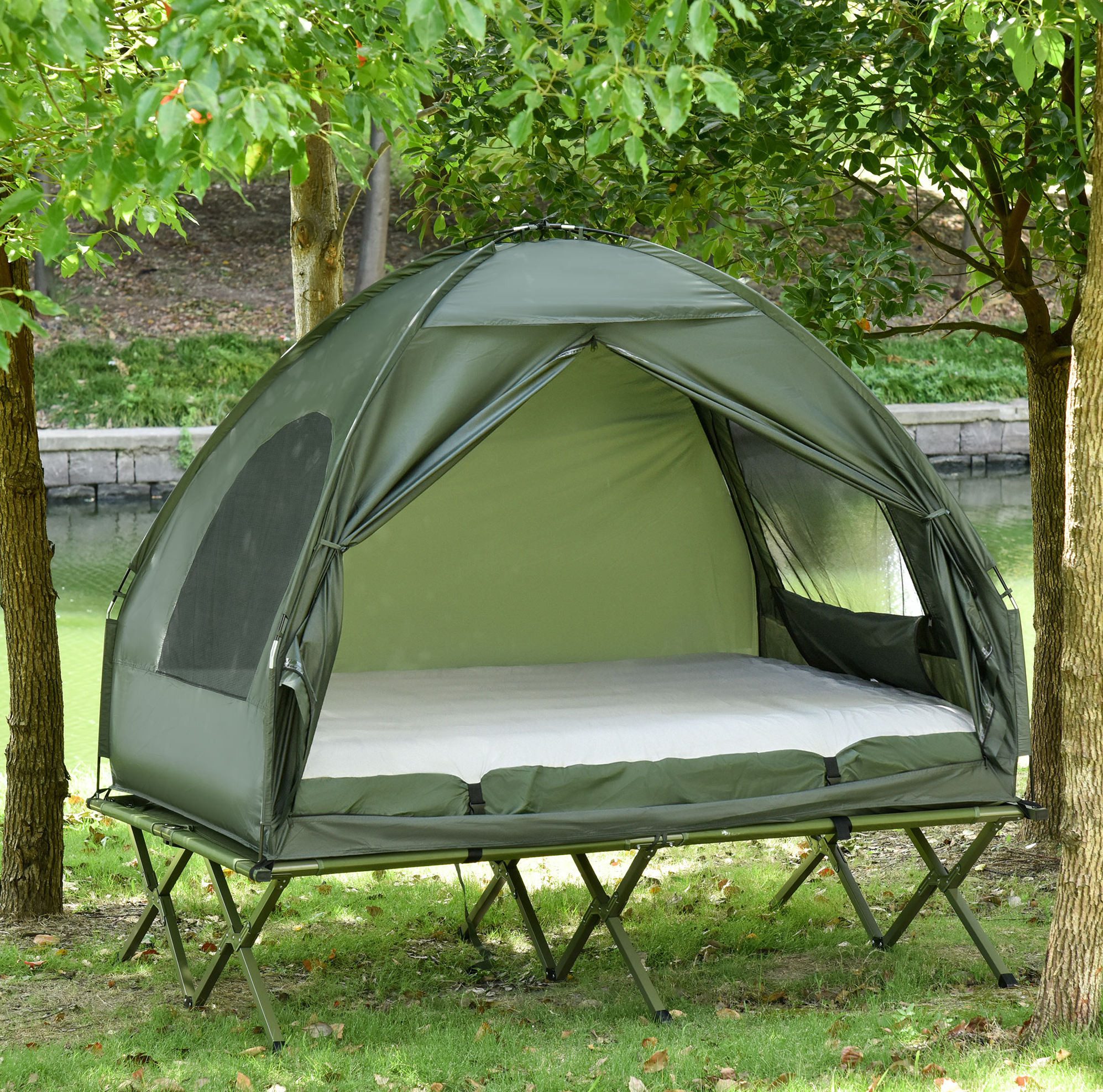 OKWISH Feldbett Klappbares Feldbett mit Zubehör, geeignet für Outdoor und Reisen (Packung, 1-St., Campingbett mit Luftmatratze und Pumpe, integriertes Zelt System) Erhöhtes Campingbett 193x136x178 cm mit Kuppelzelt, Grün Outdoor Set