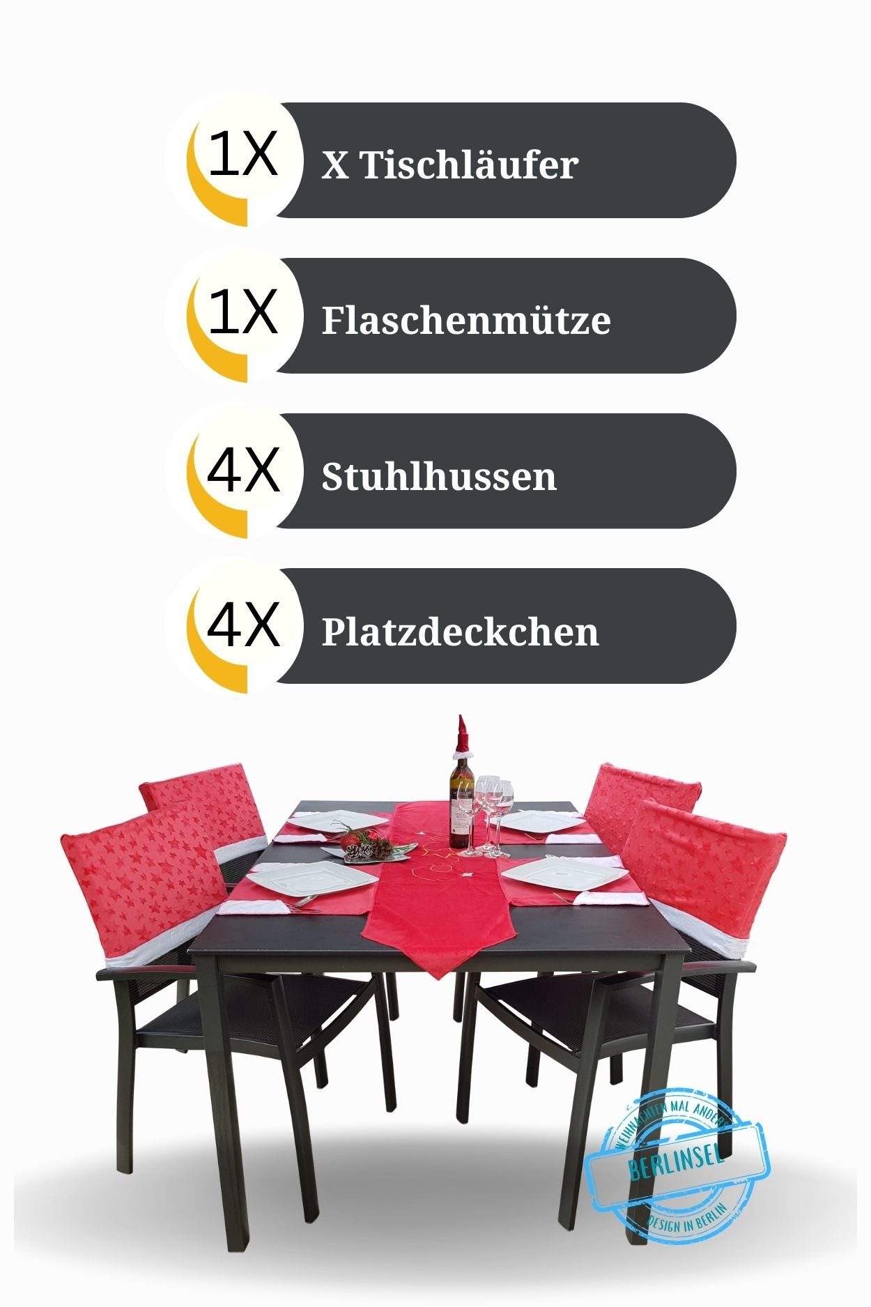 Stuhlhusse Tischläufer Platzdeckchen als weihnachtliches Tischset, 10tlg., Berlinsel, zur Weihnachtsdeko bzw. fürs Weihnachtsessen, in rot