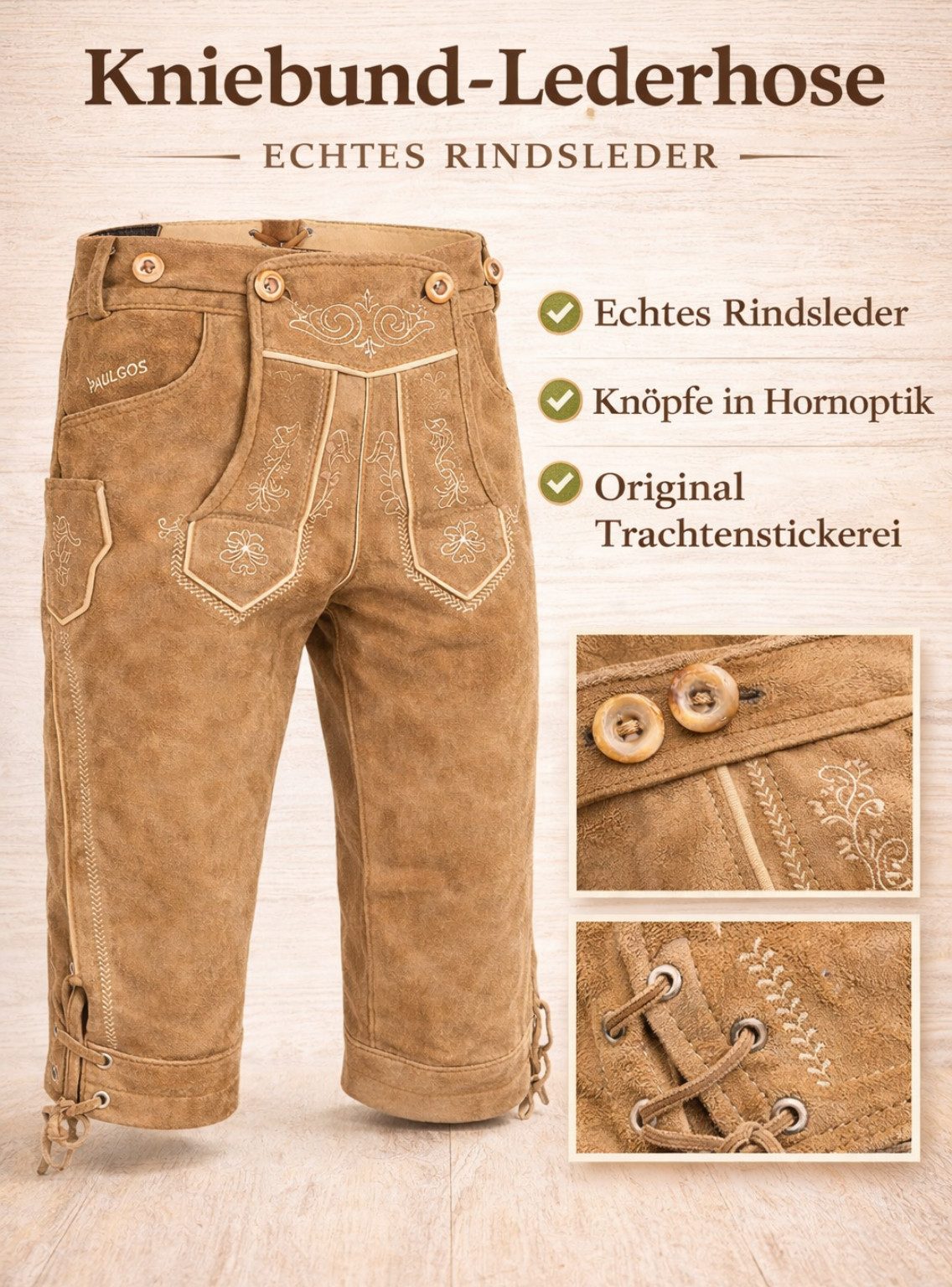 PAULGOS Trachtenhose Herren Lederhose Kniebund mit Trägern 100% Echtleder günstig online kaufen