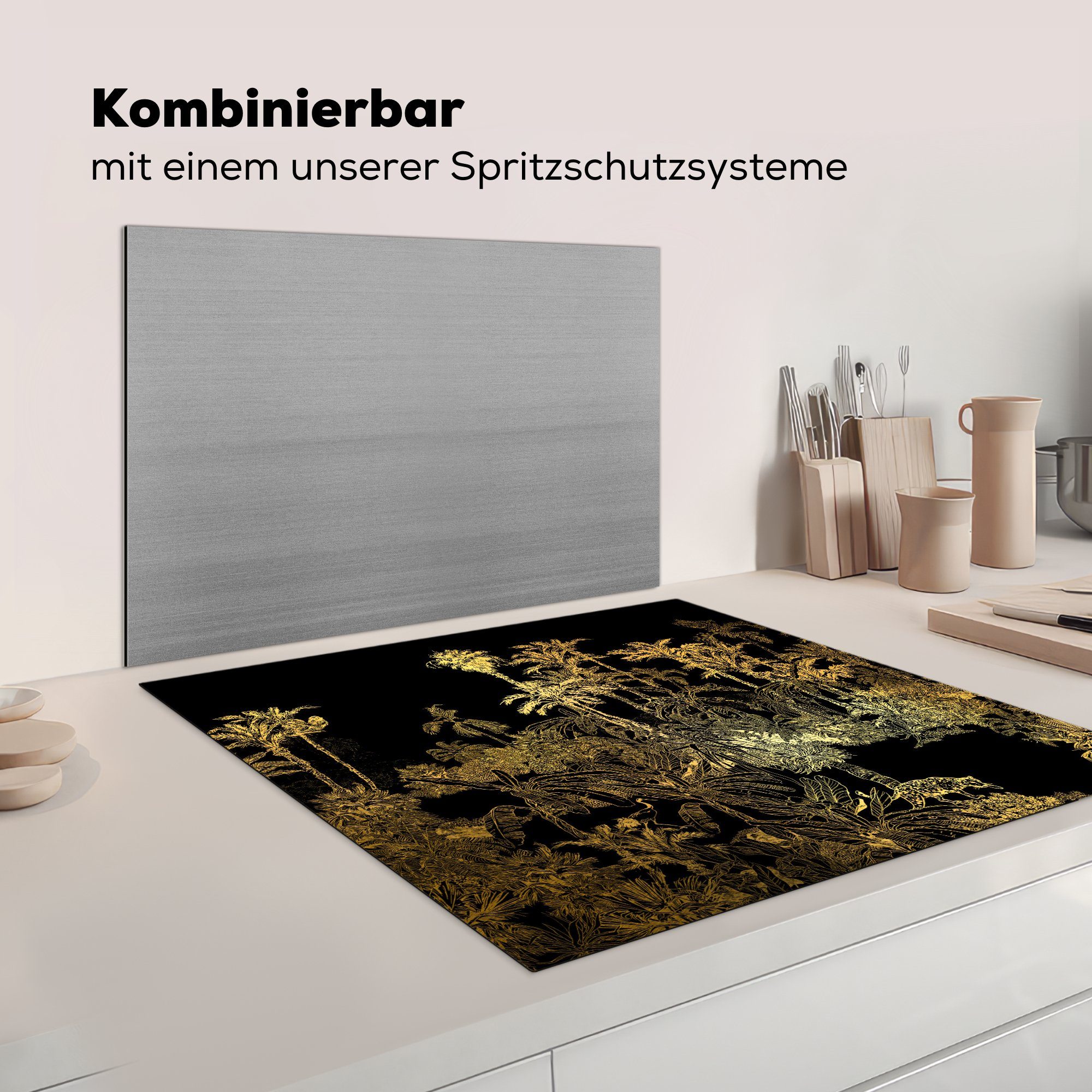 tlg), 78x78 für - - Ceranfeldabdeckung, Vinyl, Gold Bäume, Arbeitsplatte (1 küche cm, Dschungel MuchoWow Herdblende-/Abdeckplatte