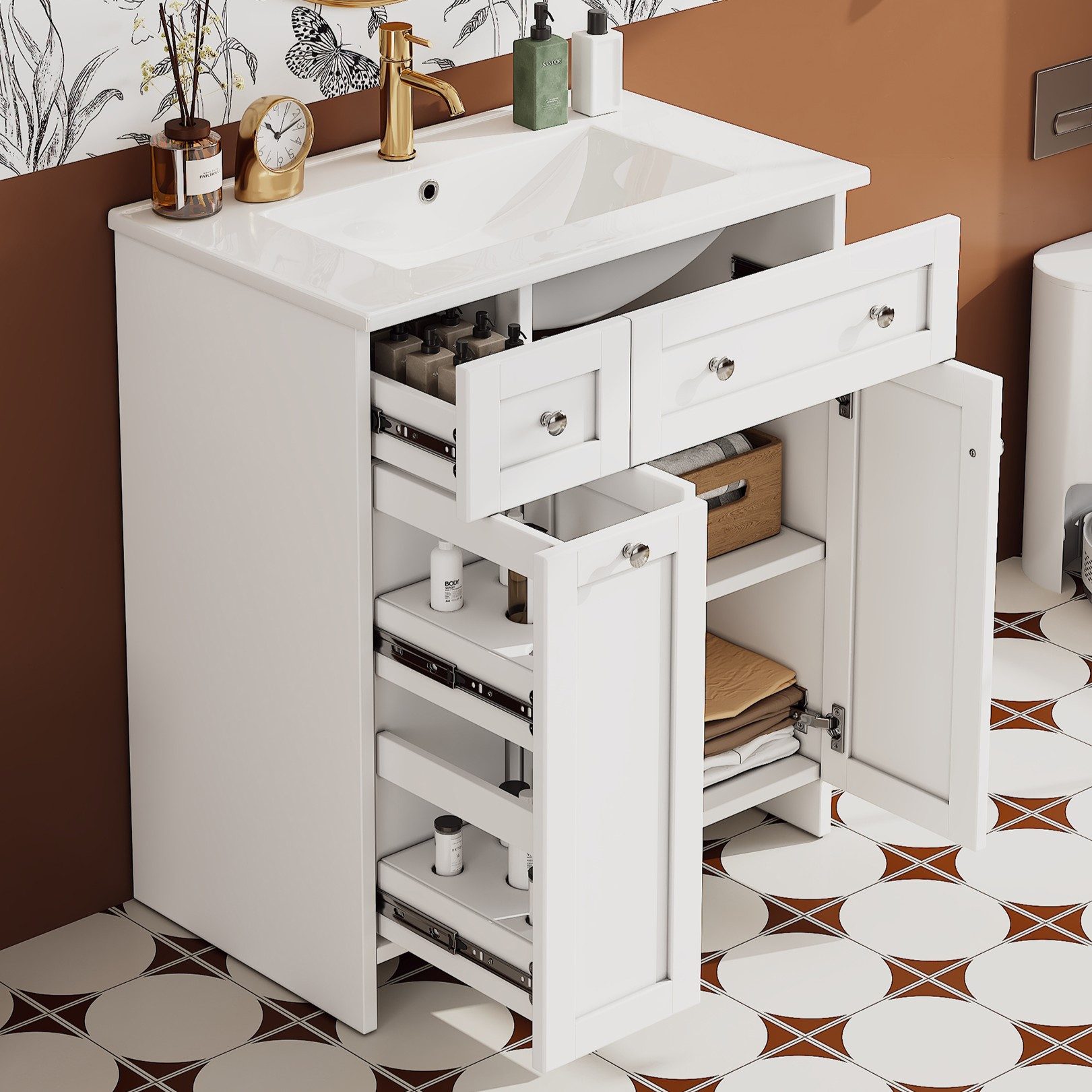 Flieks Waschtisch mit ausziehbarer Ablagen Waschbeckenunterschrank mit Waschbecken (B76/T47/H86 cm, 1-St., bodenstehend, Badschrank Waschplatz Badzimmer, lackierte Oberfläche), Badmöbel-Set Badzimmerschrank mit verstellbarer Einlegeböden Weiß