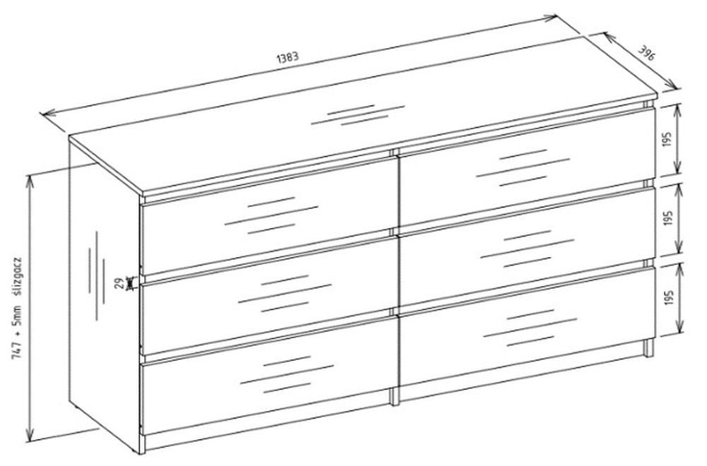 Raumhirsch Furniture Kommode Sideboard 140 cm breit (Maße 40 x 140 x 75 cm, 6 Schubladen), verschiedene Farben – Bild 5 von 5