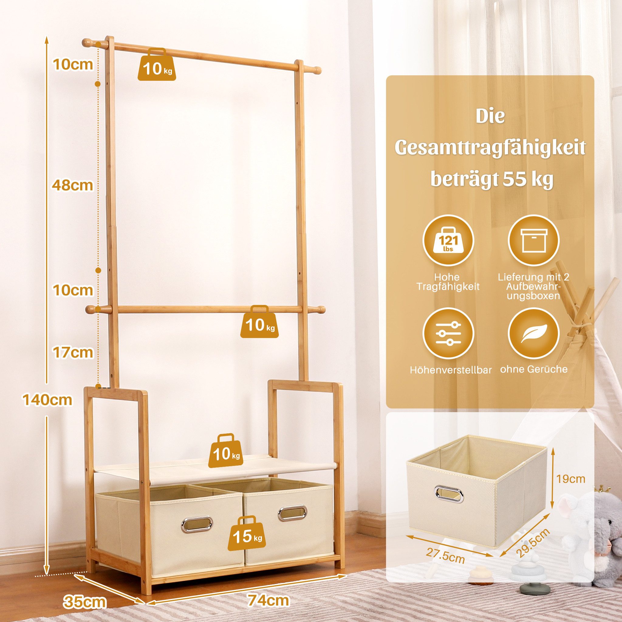 Yorbay Kleiderständer Kinder Kleiderständer aus Bambus, 74 x 35 x 140cm, Kinderregal, (Mit 2 Boxen, Kleiderstange, Kinder offnene Kleiderschrank), Garderobenstä – Bild 4 von 5