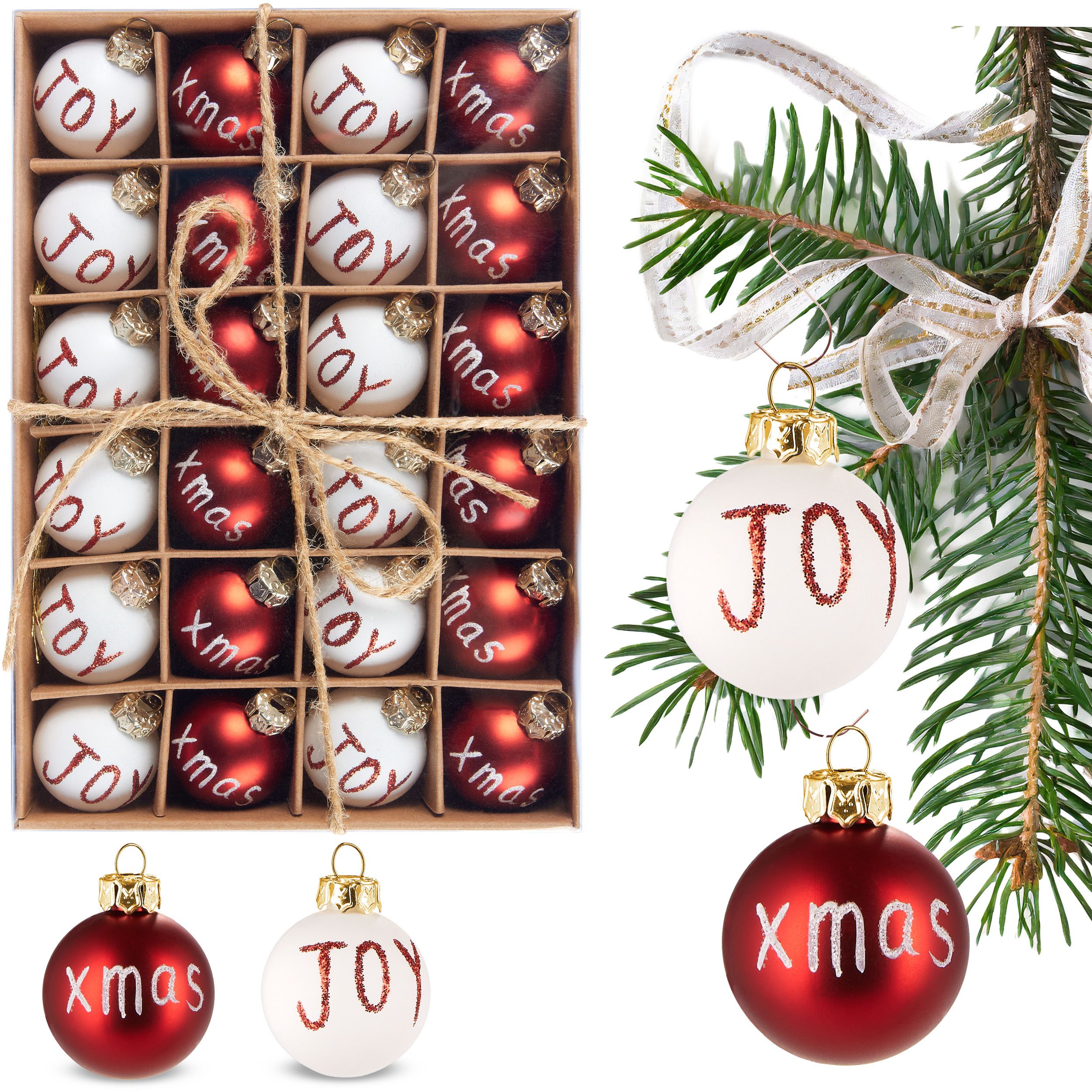 BRUBAKER Weihnachtsbaumkugel 24-teiliges Set Weihnachtskugeln Joy & Xmas - 3 cm Mini Baumkugeln (24 St), für Weihnachtsbaum - Handbemalter Christbaumschmuck Kugeln