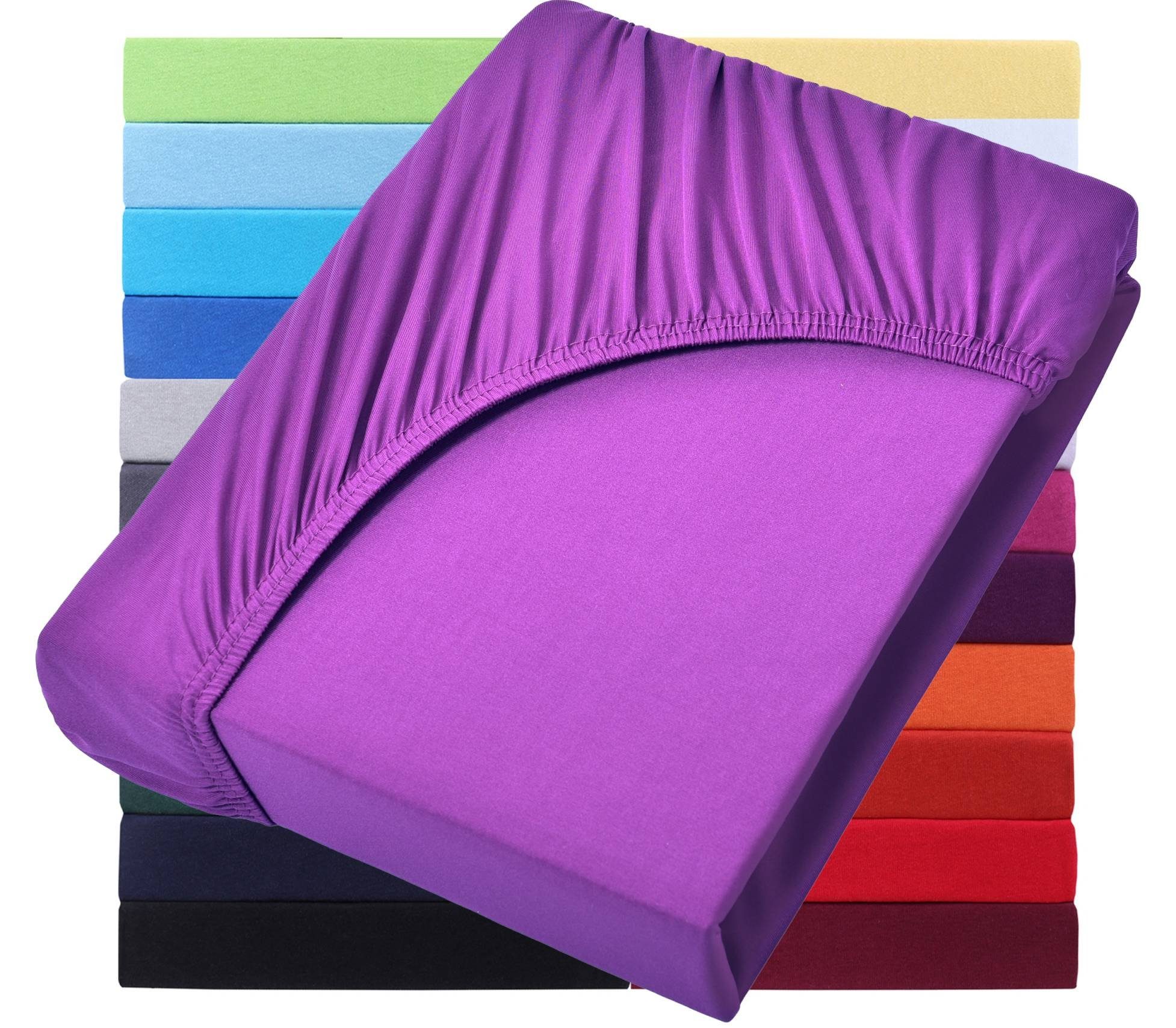 NatureMark Spannbettlaken Jersey Basic Spannbetttuch, 100% Baumwolle, Gummizug: rundum, (1 Stück), in vielen Größen und Farben, bis 40cm Steghöhe, 200x220cm, Lila