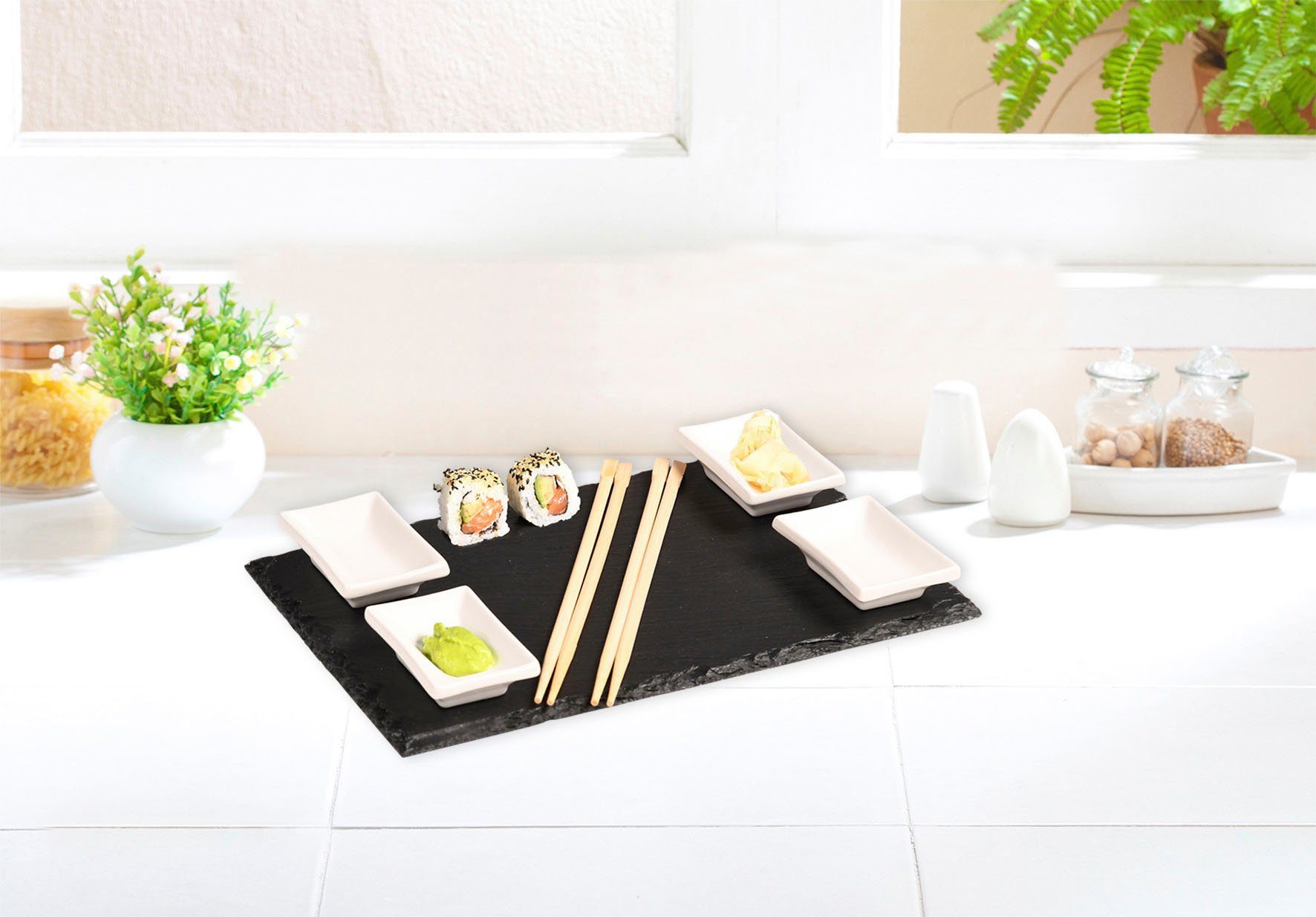 KESPER for kitchen & home Servierplatte (Sushi-Set), Holz, Porzellan,  Schiefer, (Set, 8-tlg), mit Zubehör, 2 Schieferplatten: 30 x 20 cm | Servierplatten