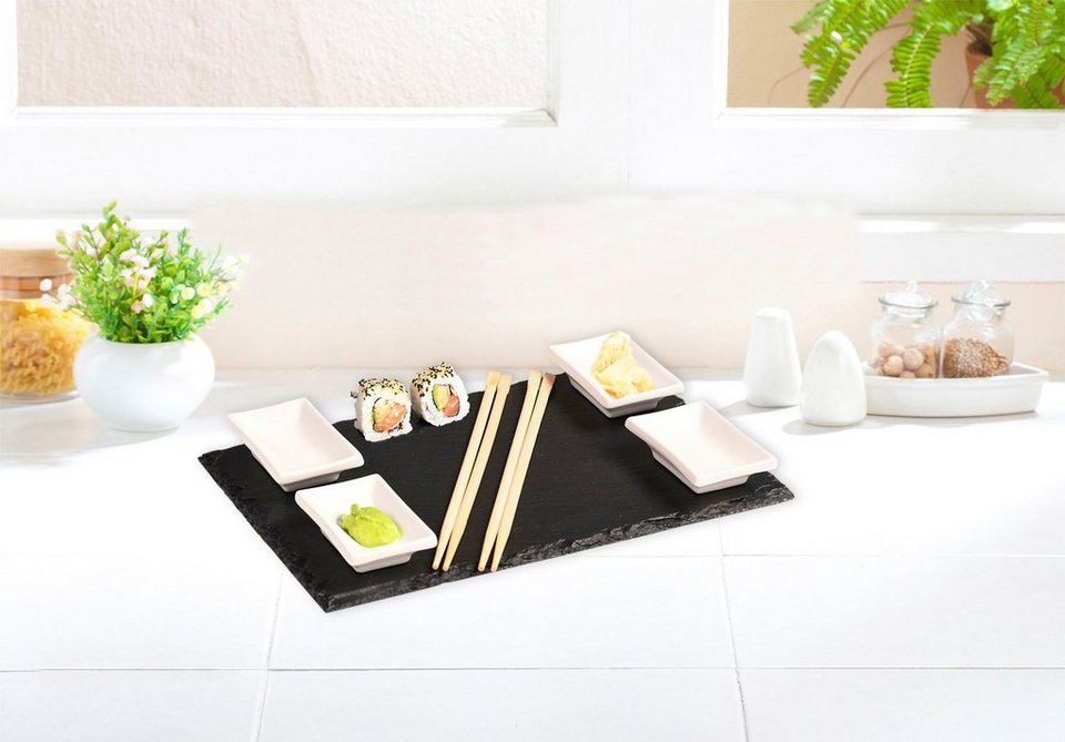 KESPER for kitchen & home Servierplatte (Sushi-Set), Holz, Porzellan,  Schiefer, (Set, 8-tlg), mit Zubehör, 2 Schieferplatten: 30 x 20 cm