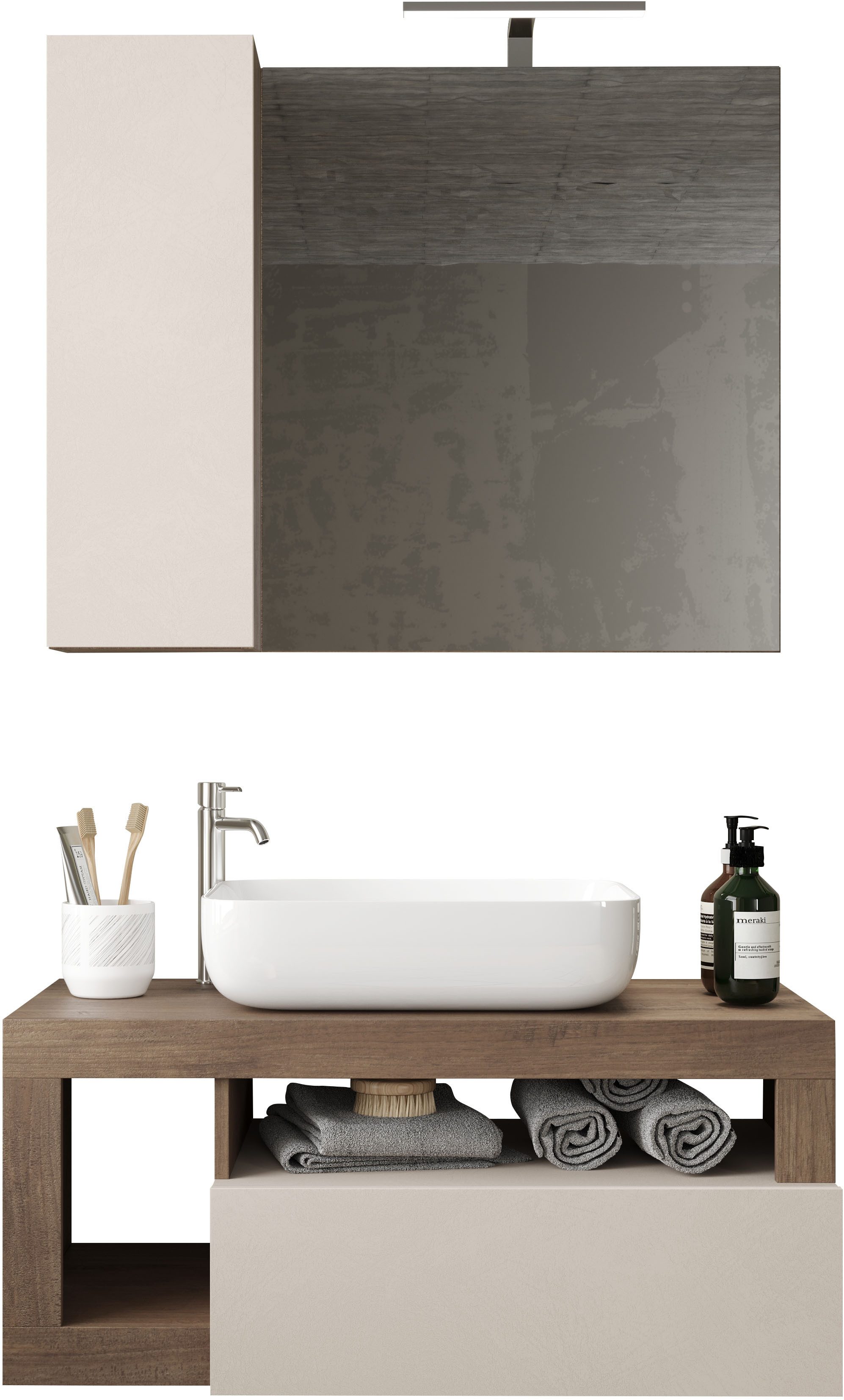 welltime Badmöbel-Set Hamburg, Badezimmerset 2tlg. Breite 92 cm, Badmöbel, Waschtisch inkl., (Spar-Set, 2-St), Waschbecken, Spiegelschrank mit LED Aufbauleuchte, Soft-Close-Funktion