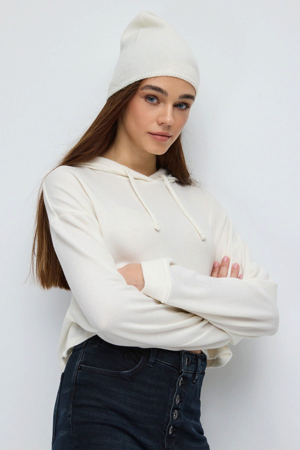 Kapuzensweatshirt Kapuzen-Crop-Top aus weichem Strickmaterial