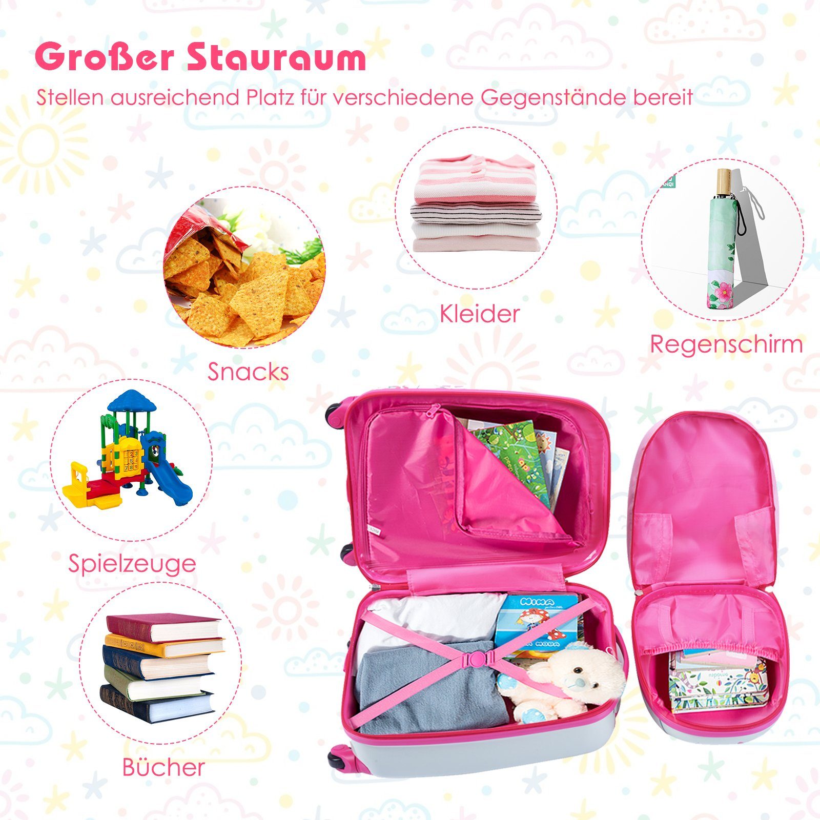 COSTWAY Kinderkoffer 2tlg Kinderkoffer, mit Rucksack – Bild 4 von 5