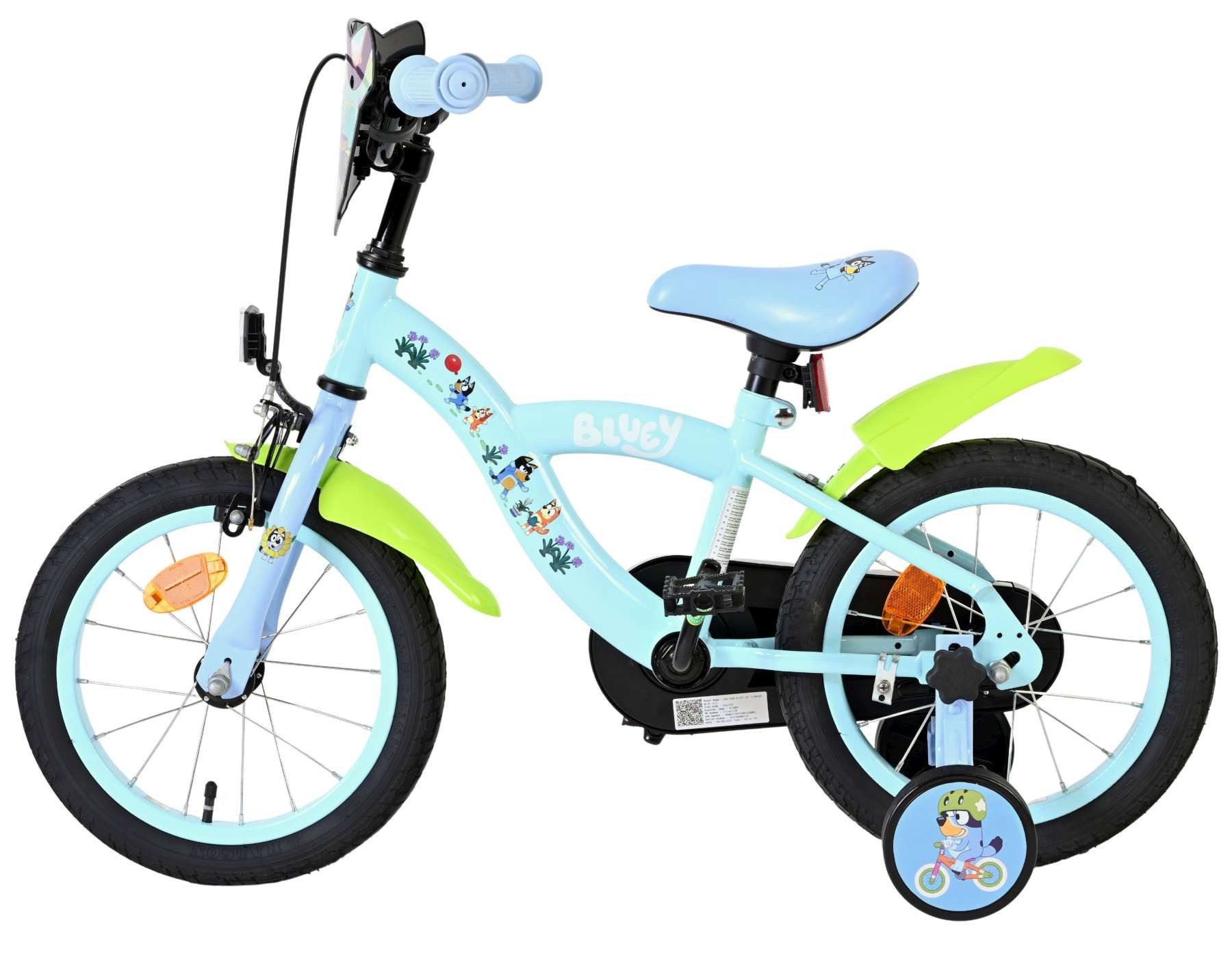 Volare Kinderfahrrad Bluey 14 Zoll Hellblau mit Stützrädern, Handbremse & Rücktrittbremse, Neongrüne Schutzbleche, geschlossener Kettenkasten, Stahlfelgen