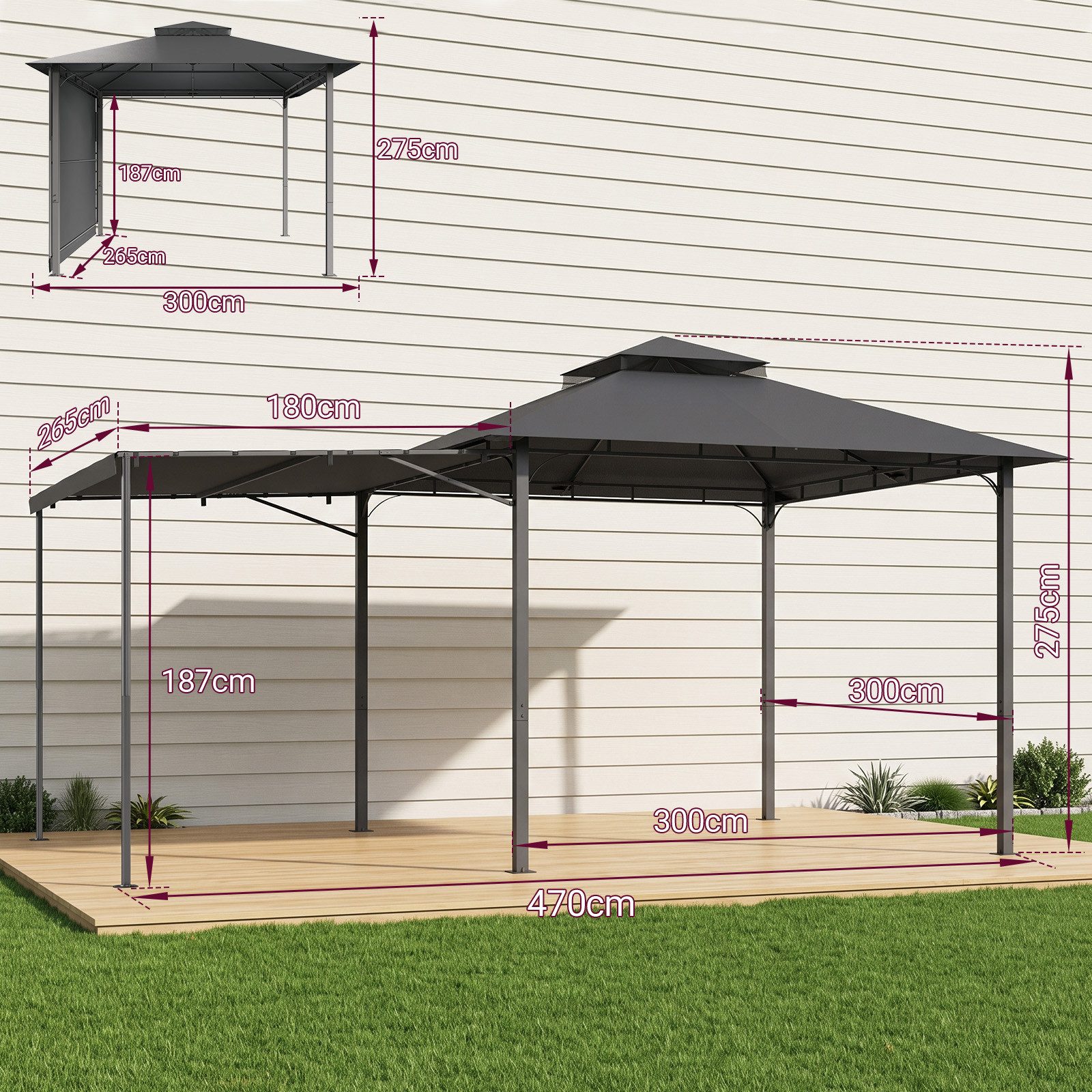 GUNJI Pavillon Doppellagiges Grillpavillon mit 1,8m Ausziehbarer Seitenmarkise, flexibel verstellbare Schattenflächen für Garten Terrasse Grillabend – Bild 4 von 5