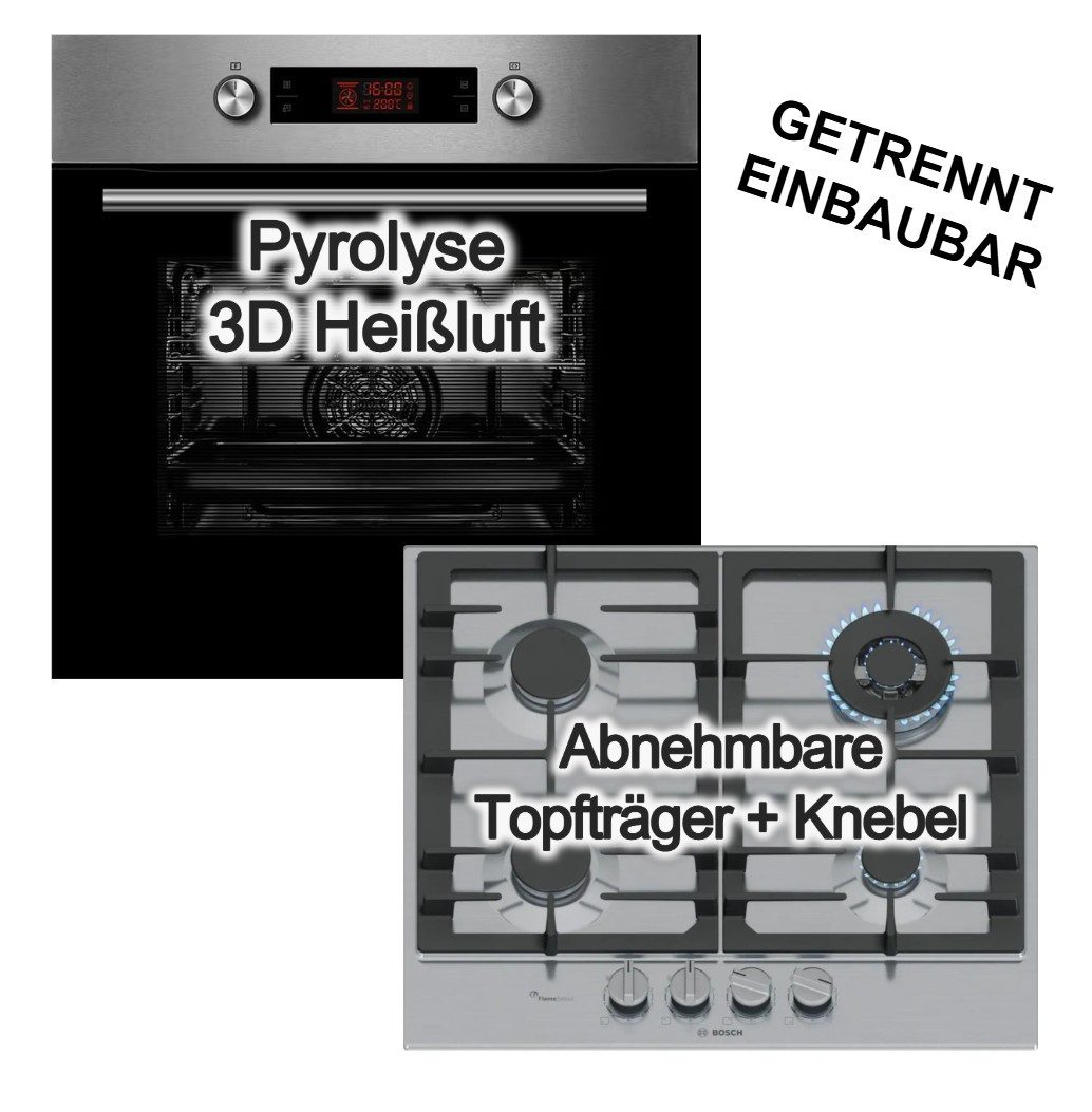 Midea Backofen-Set Backofen Pyrolyse 3DHeißluft+ Bosch Gaskochfeld FlameSelect Wokbrenner, mit 1-fach Teilauszug, Pyrolyse-Selbstreinigung