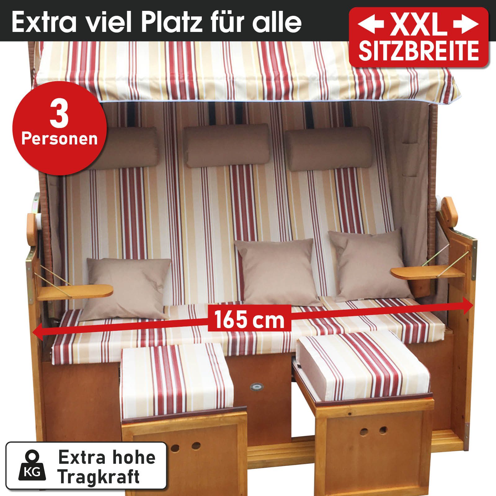 BRAST Strandkorb für 3 Personen, 120cm breit, 5 Designs, BxTxH: 165x79x150 cm, Volllieger, Strandkorb 3Sitzer Usedom, incl. wetterfeste Abdeckhaube verstellbare Rückenlehne Fußkissen