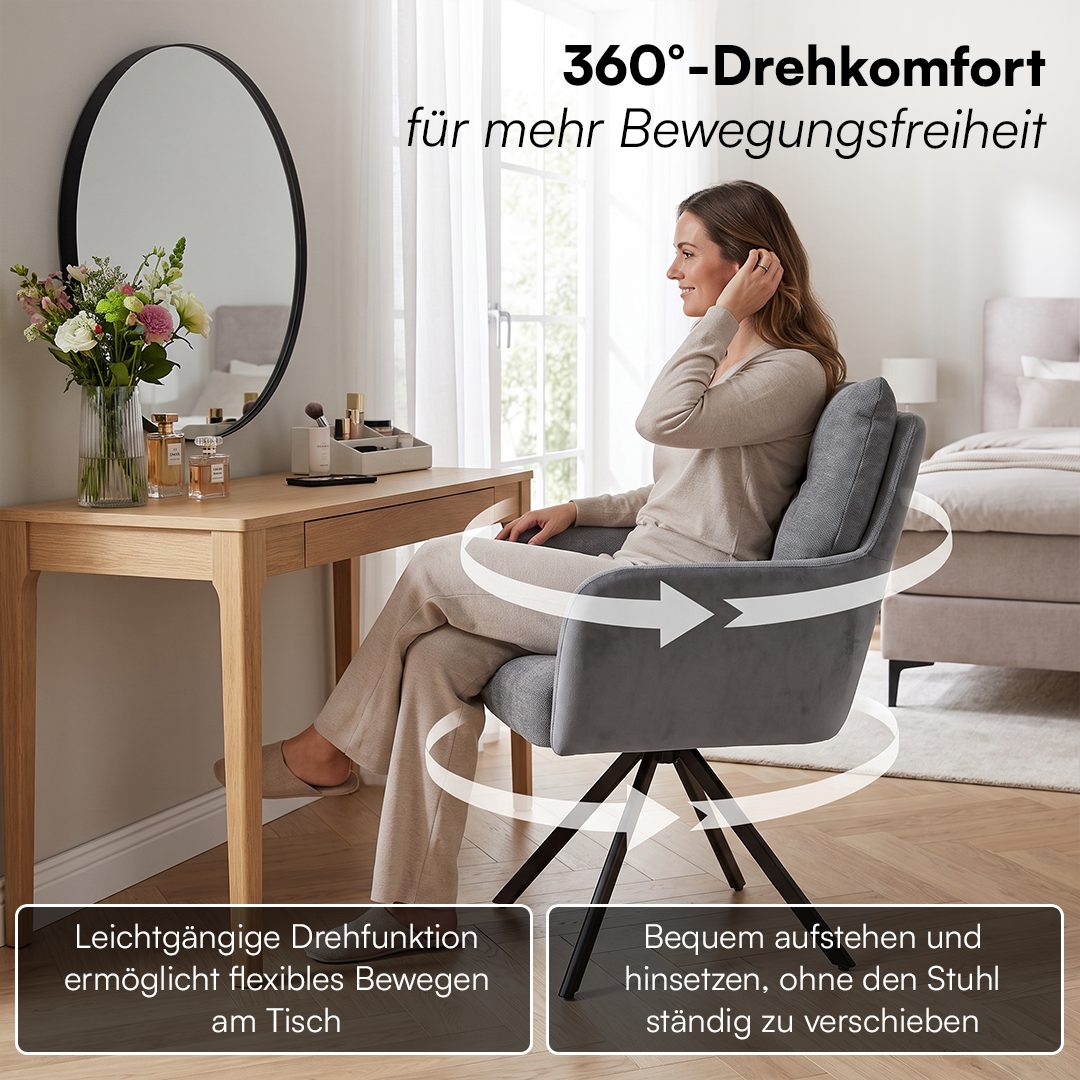 skølm Esszimmerstuhl Arvakr, Armlehnstuhl mit Metallgestell, 360° drehbar, gepolstert (Dunkelgrau, 6 St), Drehstuhl aus Leinen/Samt, Polsterstuhl bis 120 kg – Bild 2 von 5