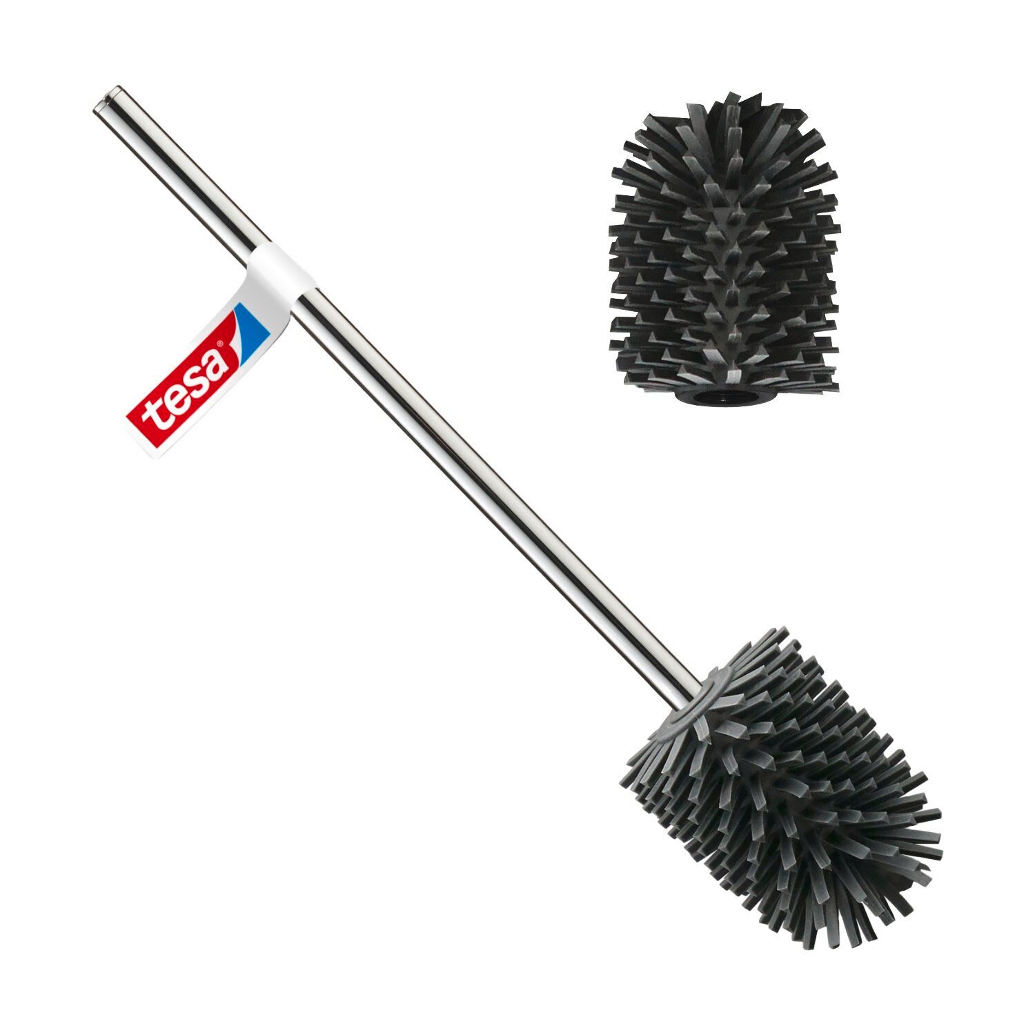 tesa WC-Reinigungsbürste Silikon WC Bürste verchromtem Griff und Ersatz-Toilettenbürstenkopf, Badezimmer, Gäste-WC, (Packung, 1-tlg), hygienisch tropffrei schnelltrocknend kratzfrei langlebig pflegeleicht