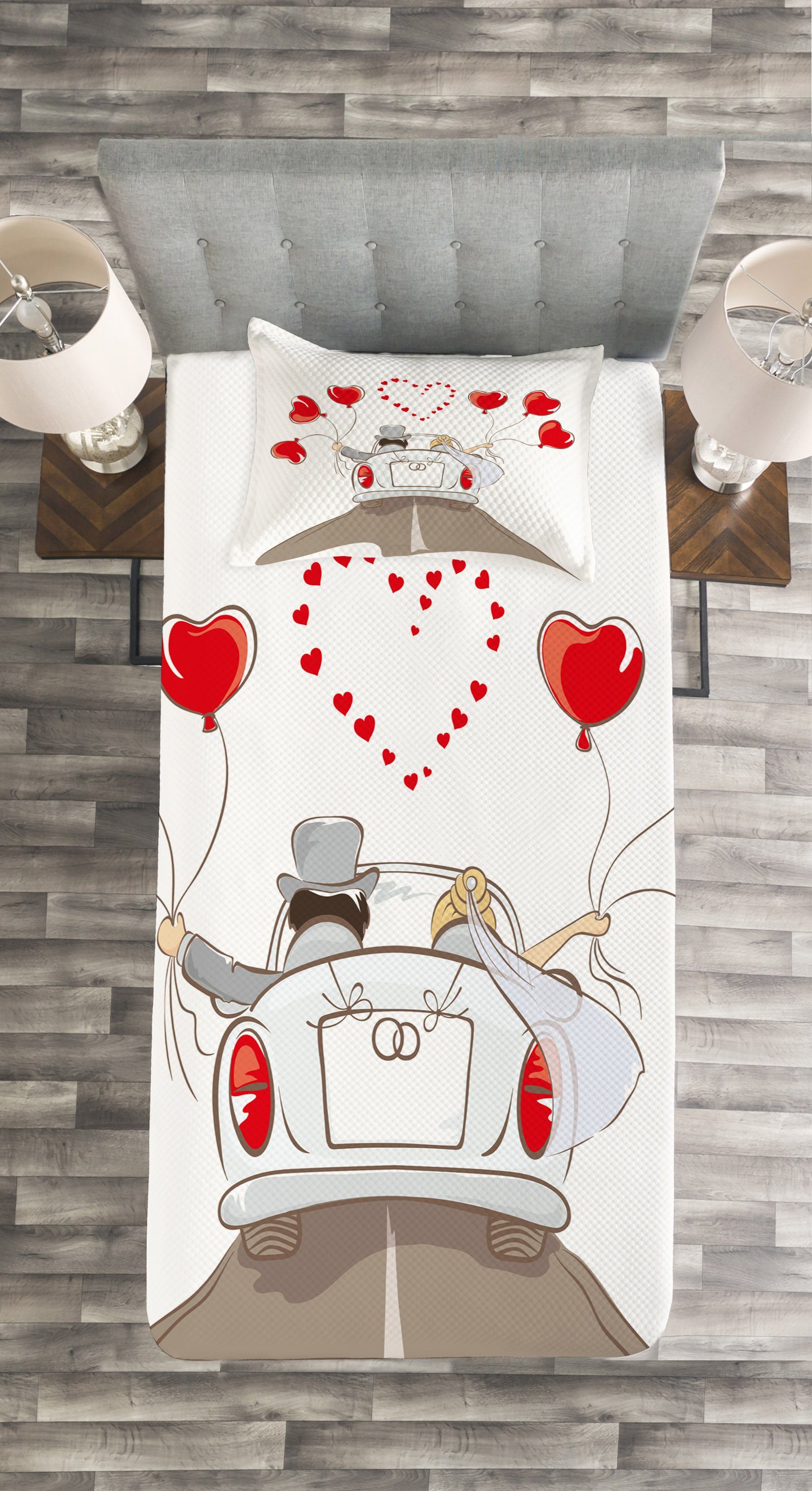 Romantik Frisch Abakuhaus, Paar Auto in Set Tagesdecke Kissenbezügen Waschbar, verheirateten mit