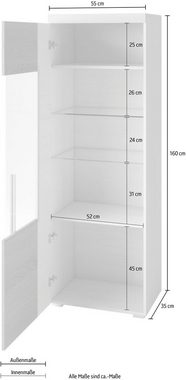 Helvetia Vitrine Roger,Höhe 160cm stilvolle Glasvitrine mit verstellbare Glasböden Standvitrine 1Trg, viel Stauraum, ohne Beleuchtung