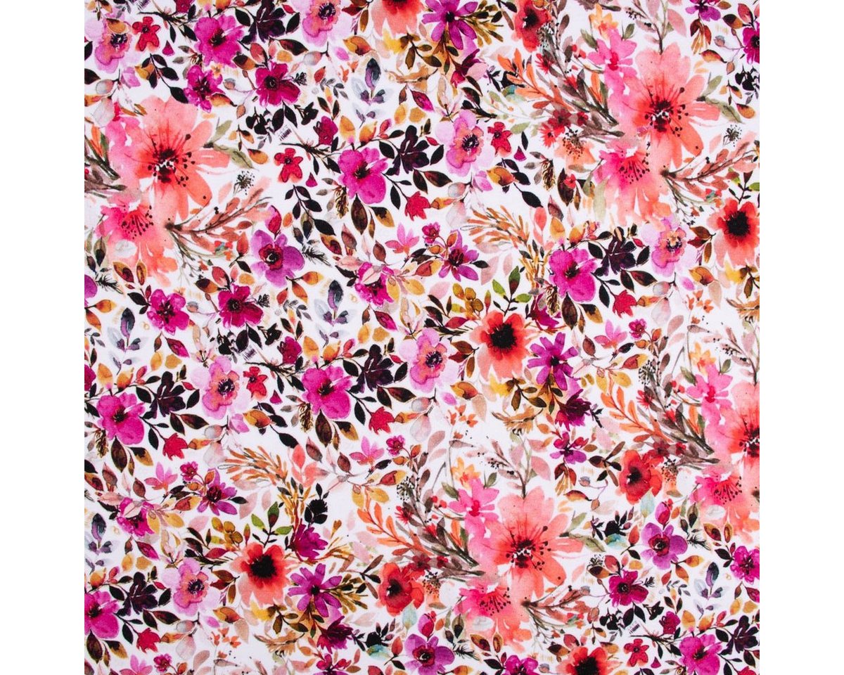Thumbnail - SCHÖNER LEBEN. Stoff Sweatstoff Digitaldruck Blumen Blätter weiß bunt 1,45m Breite, pflegeleicht