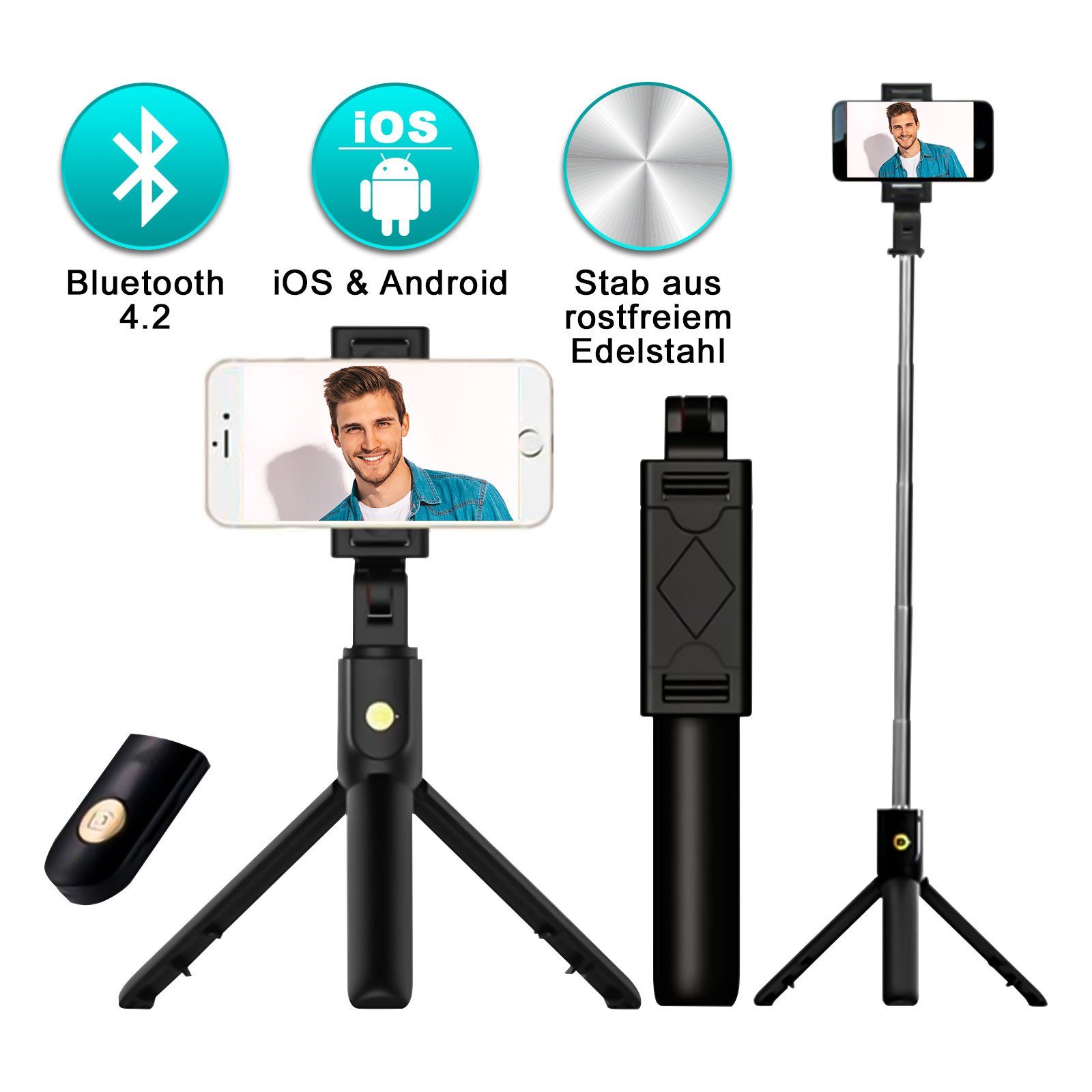 EAXUS 3in1 Selfie Stick SHARPIX - Handystativhalter mit Bluetooth-Auslöser Dreibeinstativ (für Handy & Smartphone, 270° neigbar, ausfahrbare Teleskopstange)