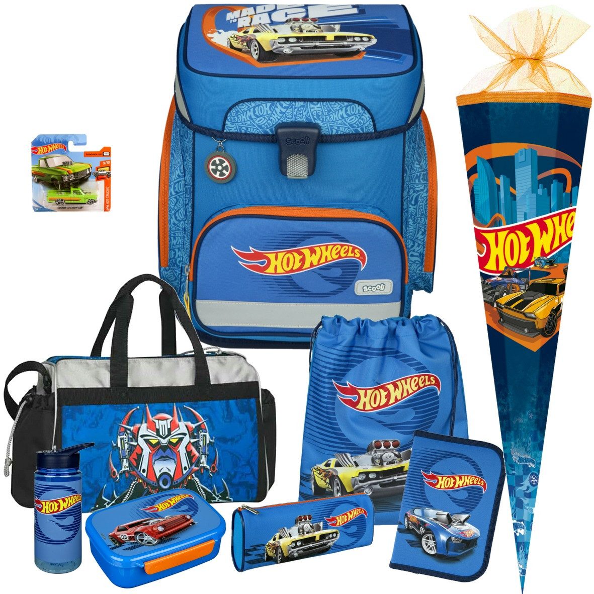 Scooli Schulranzen Jungen 1.Klasse Hot Wheels Auto (Schulranzen-Set, 12-tlg., mit Sporttasche,Tüte,Brotdose,Trinkflasche,Brustbeutel,Stifteköcher), Hot Wheel Auto gratis