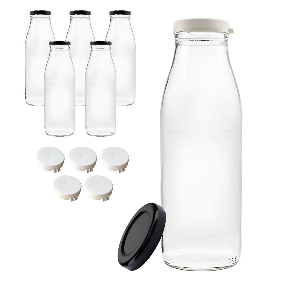 mikken Trinkflasche 6 Milchflaschen 500 ml Glasflasche mit Deckel + Frischhaltedeckel, 0,5 Liter