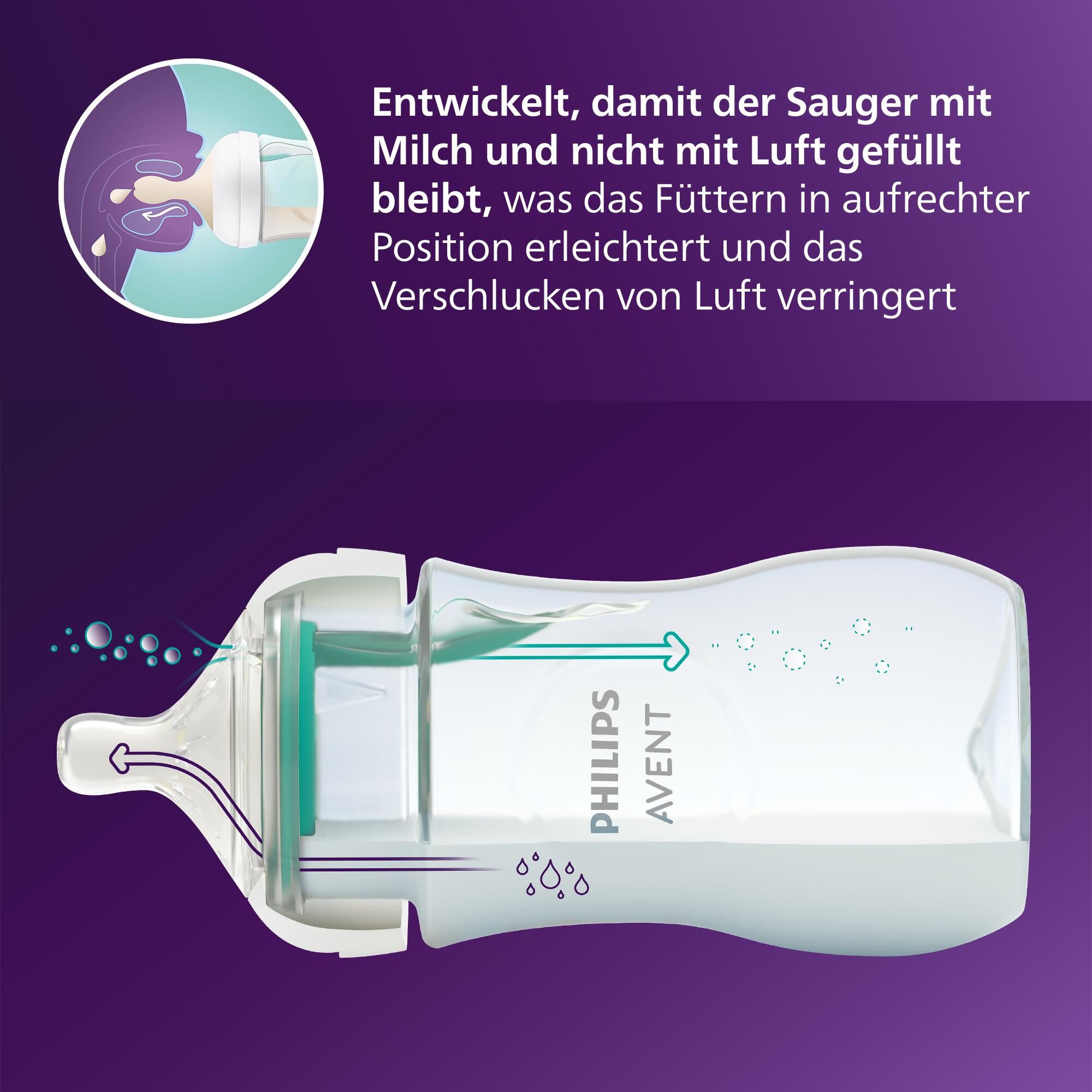 Philips AVENT Babyflasche Natural Response Flaschen-Set Air-Free Ventil SCD657/11, 4 Flaschen mit AirFree-Ventil, ultra soft Schnuller, Flaschenbürste – Bild 5 von 5