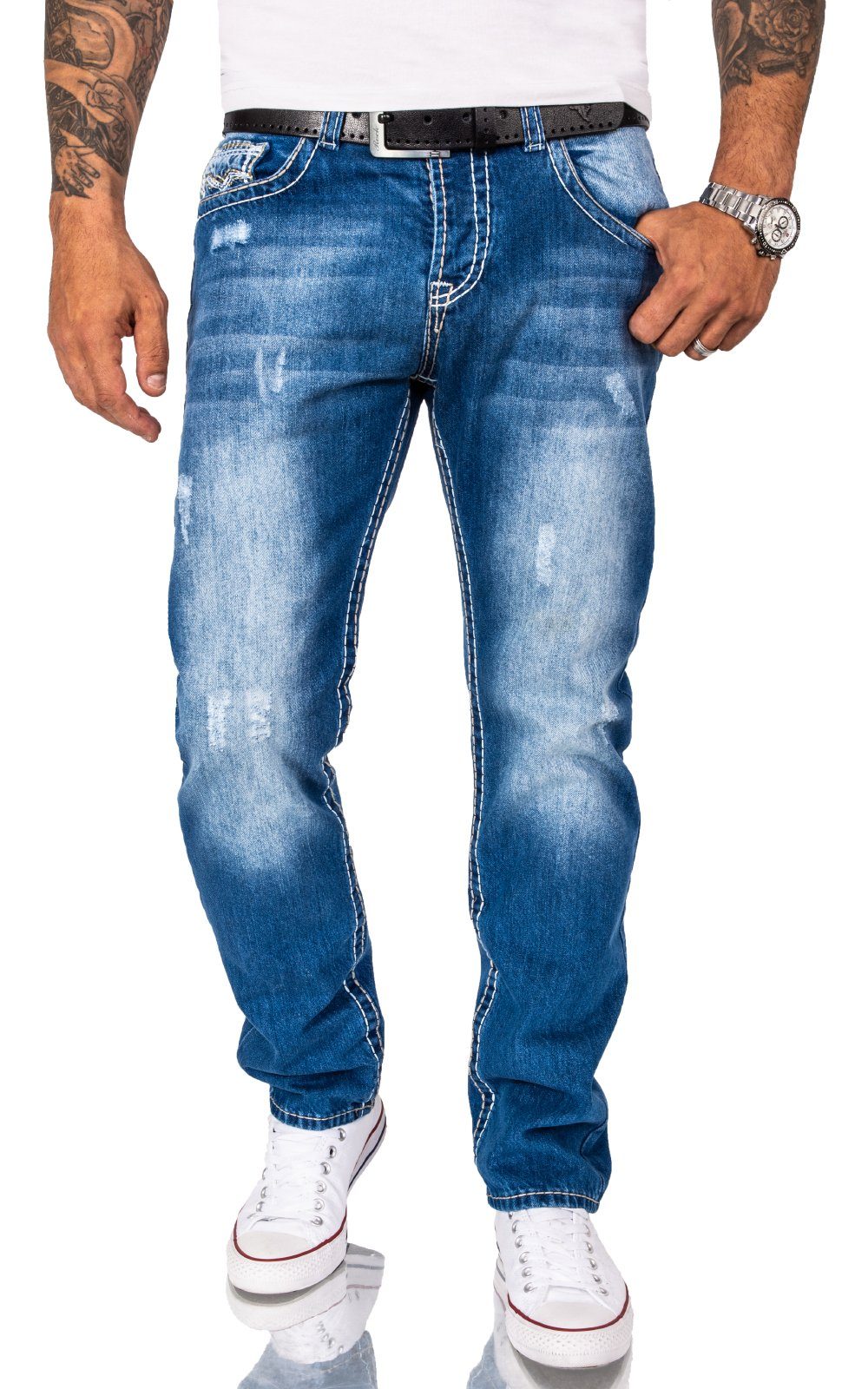 Rock Creek Straight-Jeans Herren Jeans dicke Nähte Blau RC-2268