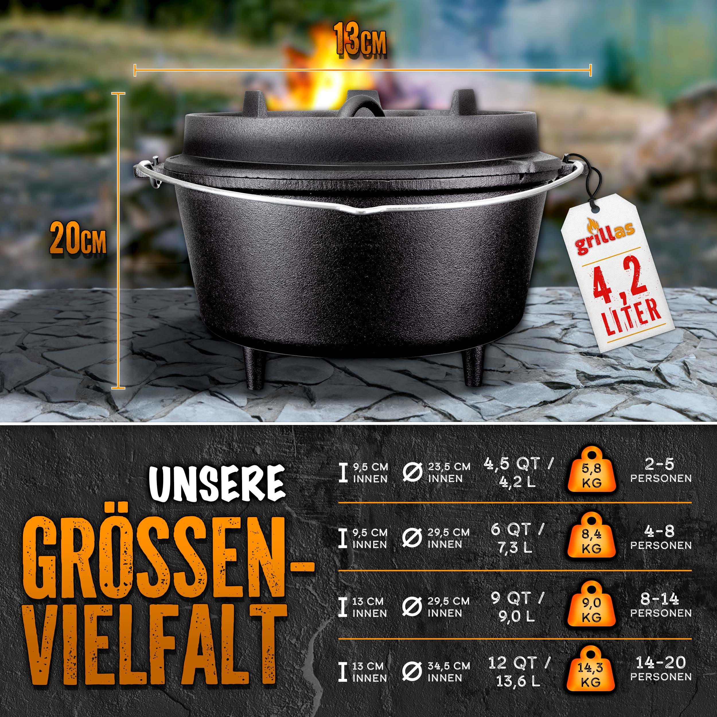 grillas Grilltopf grillas Dutch Oven Set mit Deckelheeber BBQ Gusseisen Feuertopf Gussto, Gusseisen (Dutch Oven Set, Feuerstelle), Henkel