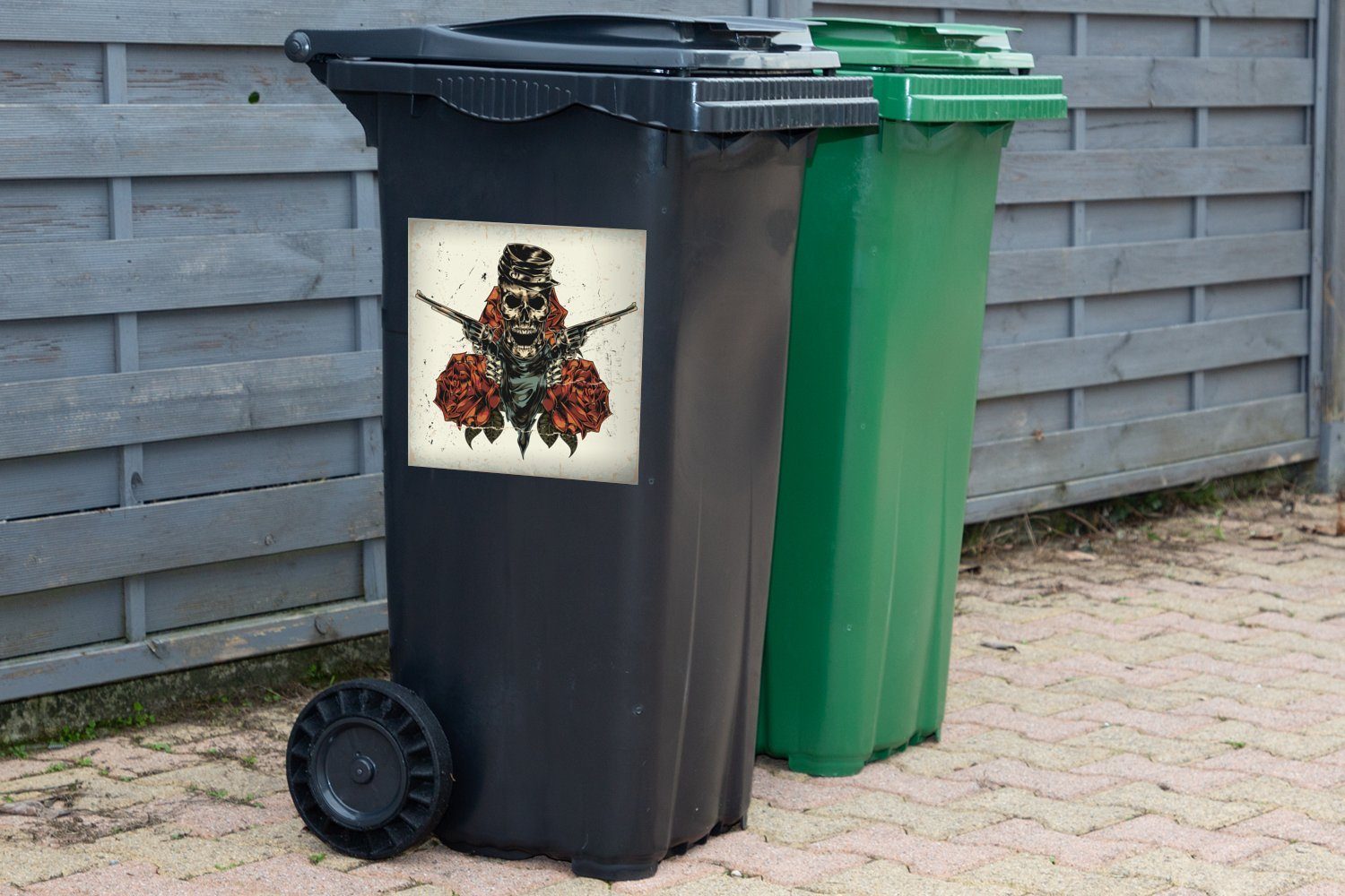 MuchoWow Wandsticker Eine Sticker, Container, mit Mülltonne, (1 St), Totenkopfes Rosen Mülleimer-aufkleber, und Revolvern Abfalbehälter Illustration eines
