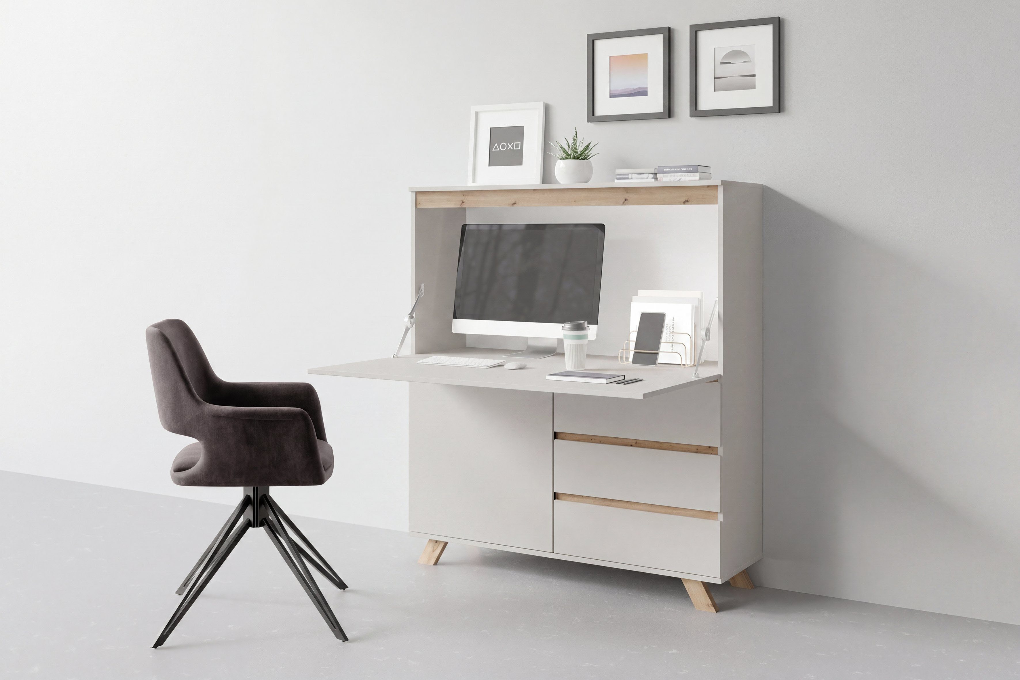 byLIVING Sekretär VALENTIN (1 St), Kaschmir / Artisan Eiche (Eiche-Optik), Klapptür, Stauraum, B: 120 cm
