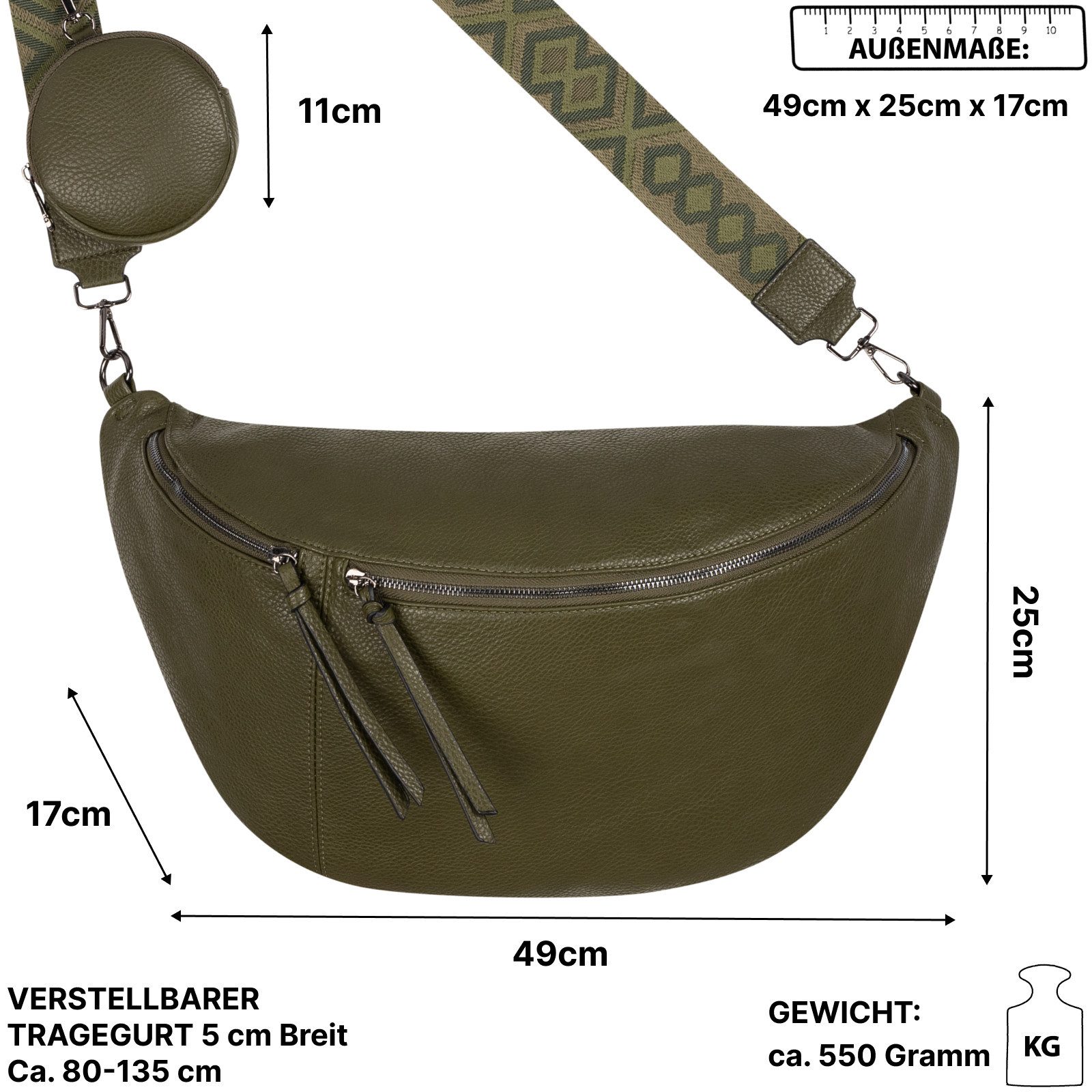 EAAKIE Gürteltasche Bauchtasche XXL Umhängetasche Crossbody-Bag Kunstleder Italy-Design, als Schultertasche, CrossOver, Umhängetasche tragbar