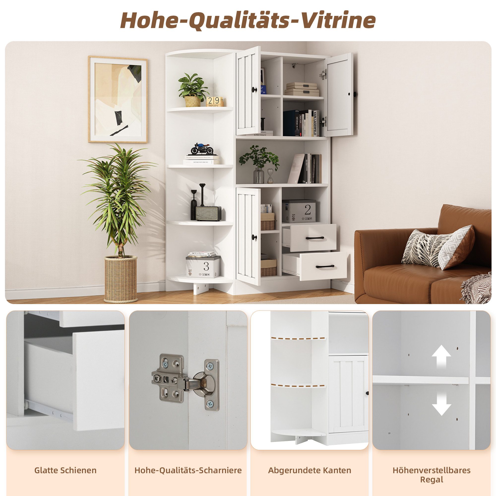 TavilaEcon Eckschrank Hochschränke, Wohnzimmervitrine mit 3 Schränken und 2 Schubladen (1-St) mit insgesamt 14 Lagerbereichen, 104*35*155cm