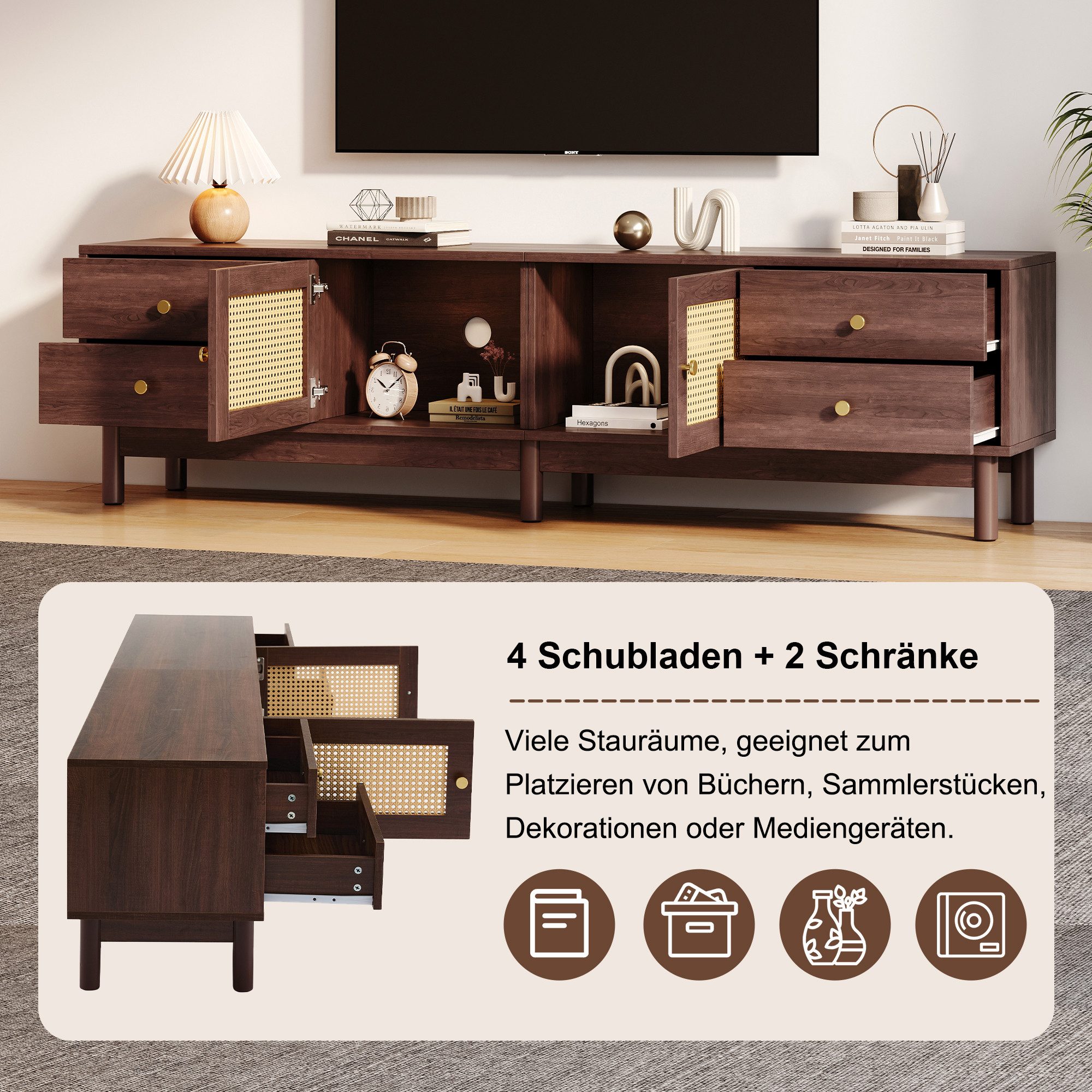 Merax Lowboard Lowboard mit Rattantüren und 4 Schubladen, TV-Schrank Fernsehtisch, Breite:180cm – Bild 4 von 5