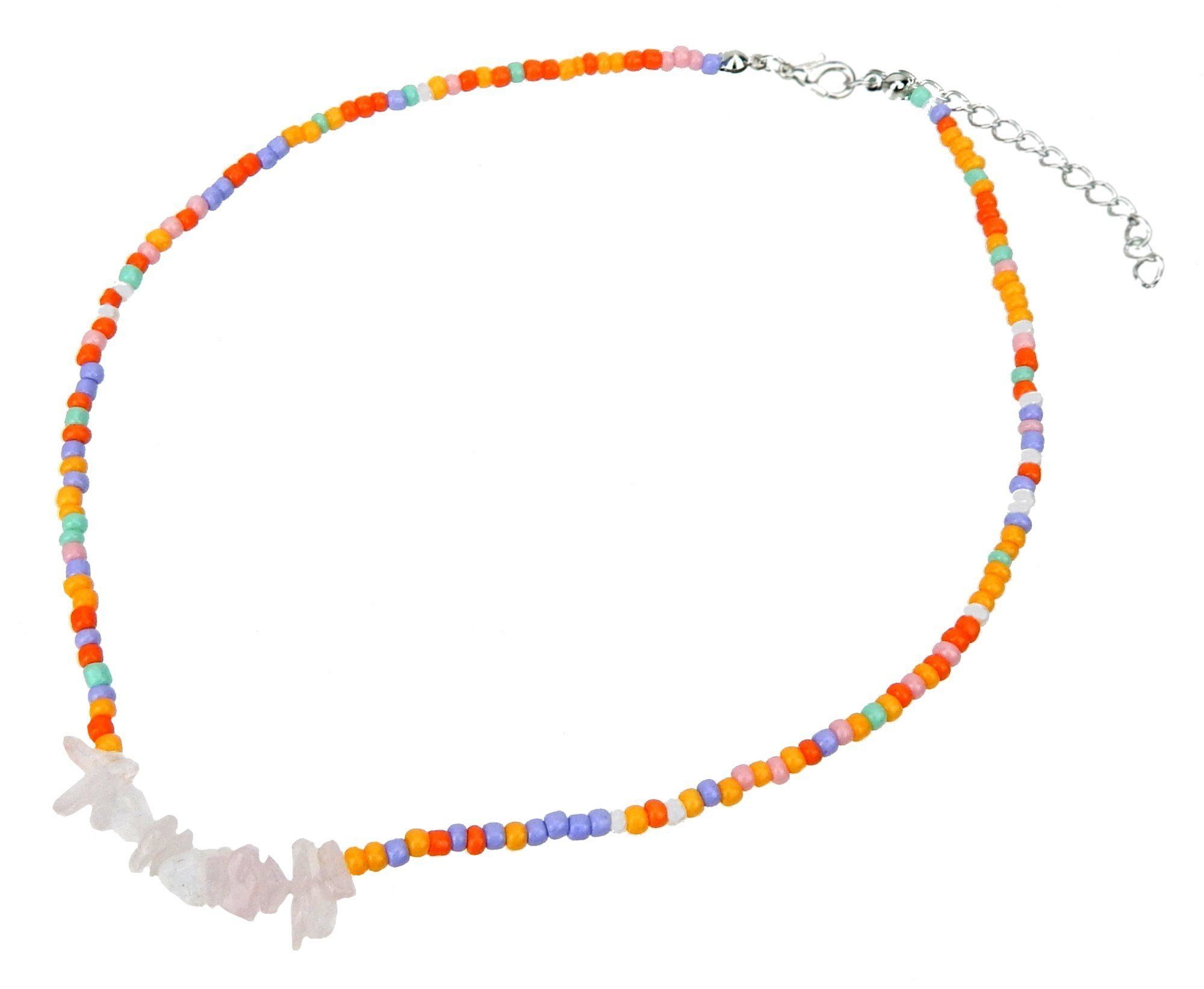 Ella Jonte Kette mit Anhänger, bunte Boho-Halskette mit Glasperlen und Rosenquarz