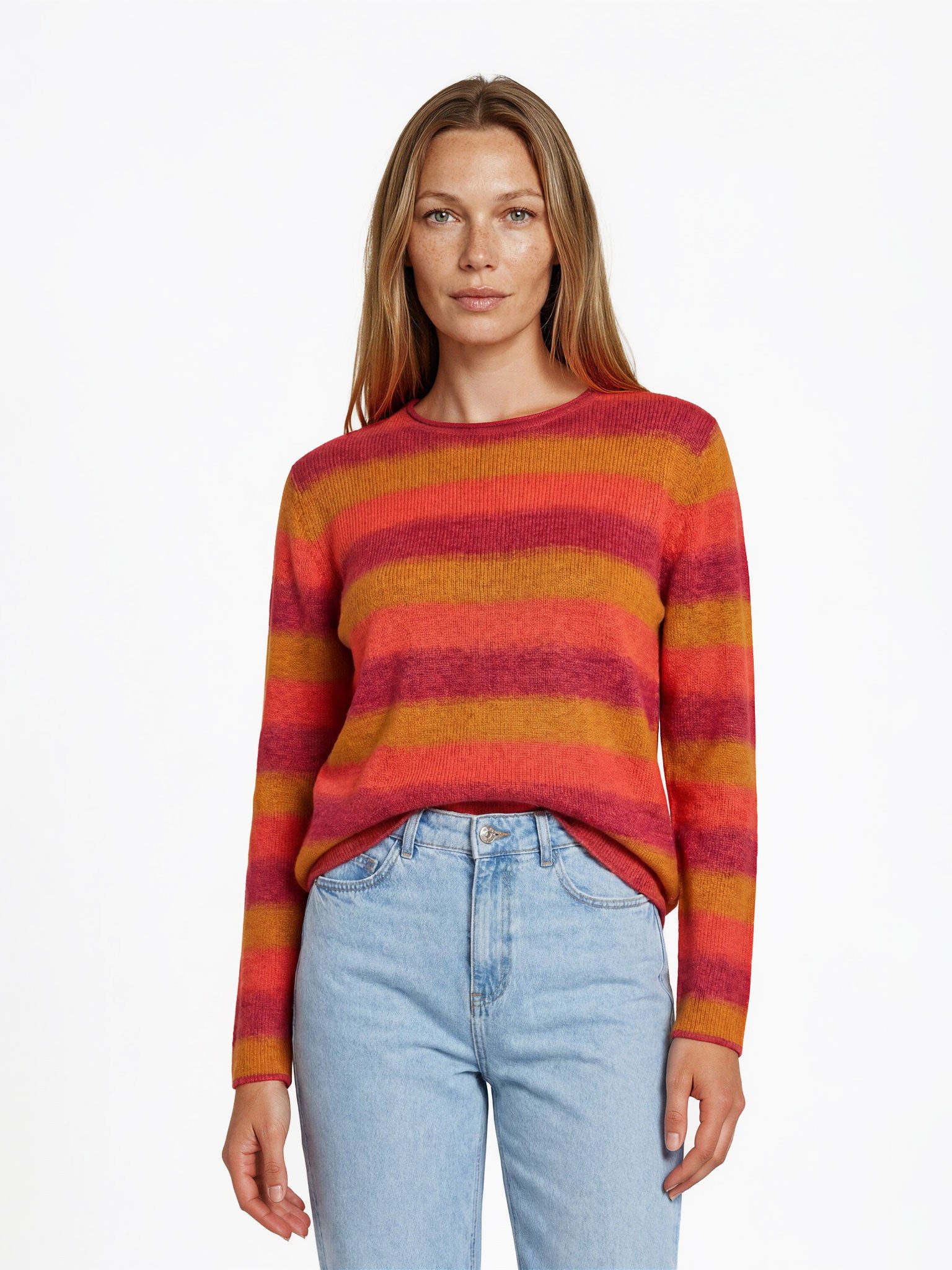 FRISTED Sweater Damen Rundhals Relaxed Fit Langarm Bio-Baumwolle Streifen Lockere Passform mit zurückversetzten Schultern und Melange-Strick