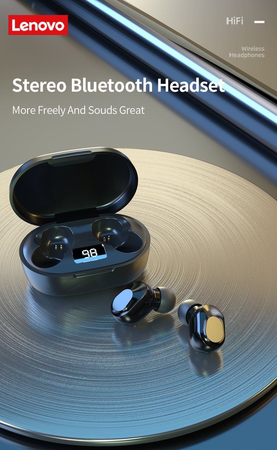 Lenovo XT91 mit Touch-Steuerung Bluetooth-Kopfhörer Assistant, 300 kabellos, 5.0, Google Siri, mAh Bluetooth mit Kopfhörer-Ladehülle Schwarz) - Stereo-Ohrhörer (True Wireless